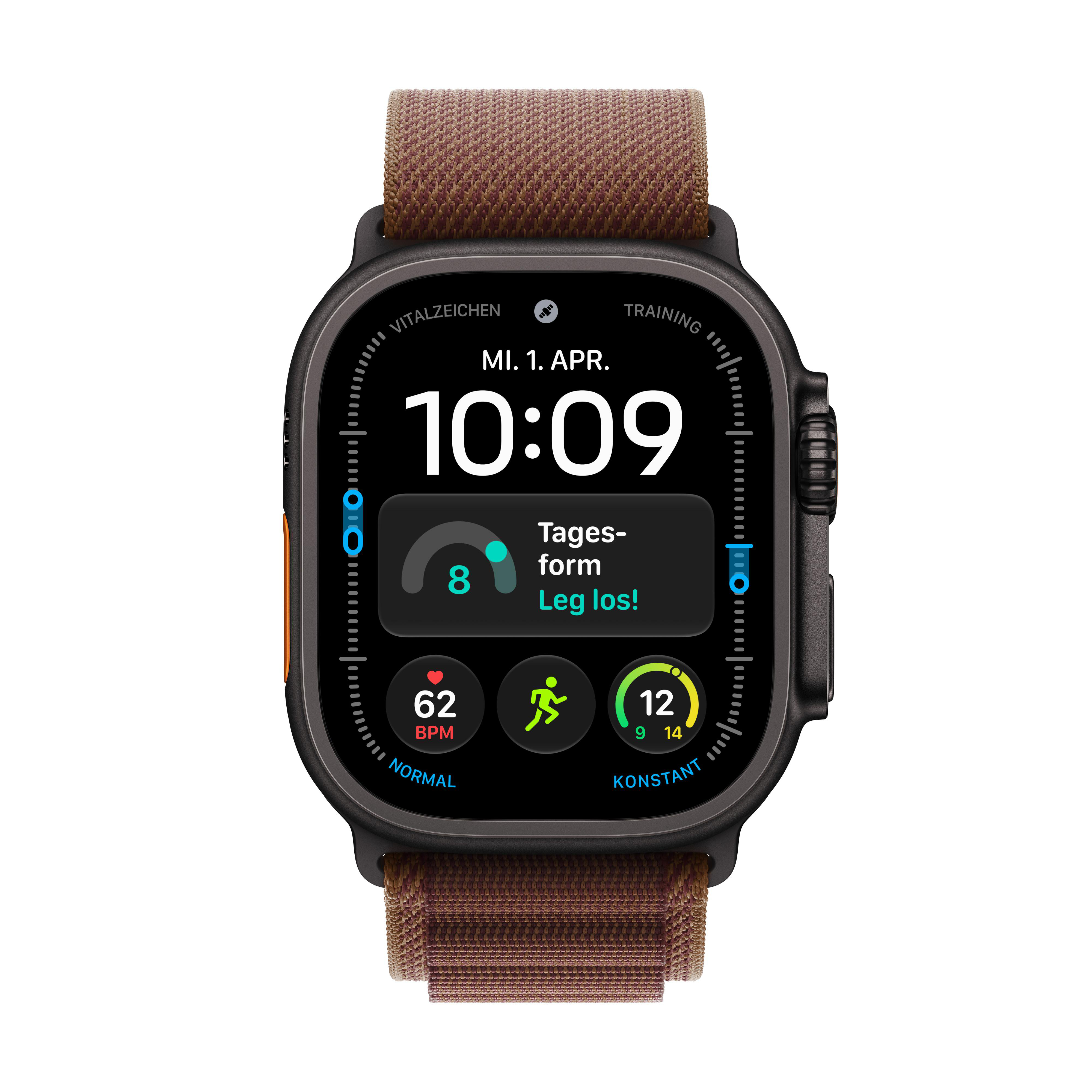 Schwarze Smartwatch mit braunem Textilarmband zeigt Digitaluhrzeit 10:09, Herzfrequenz und Aktivitätsdaten.