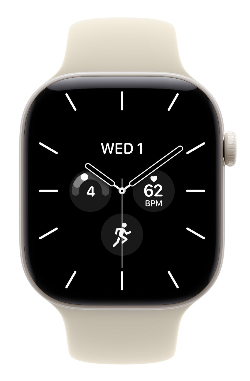 Beżowy smartwatch z czarnym wyświetlaczem pokazuje datę, godzinę, kroki i tętno.