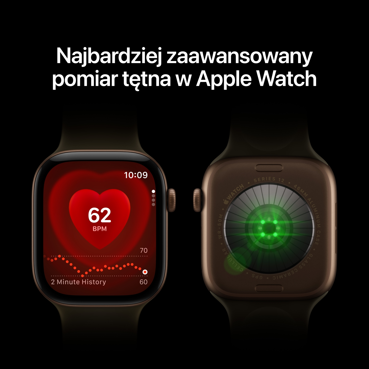 Dwa zegarki Apple Watch na czarnym tle pokazują tętno 62 BPM z przodu i zielone czujniki z tyłu.