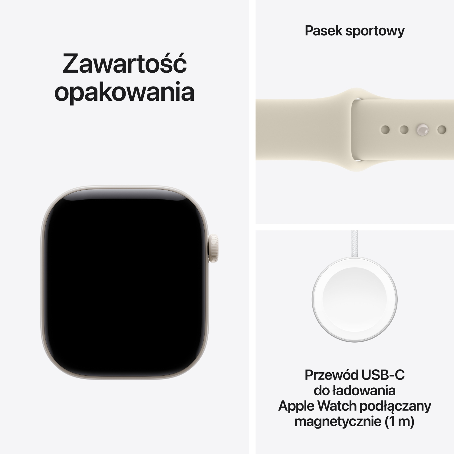 Zawartość opakowania: smartwatch, pasek sportowy i kabel ładujący USB-C.