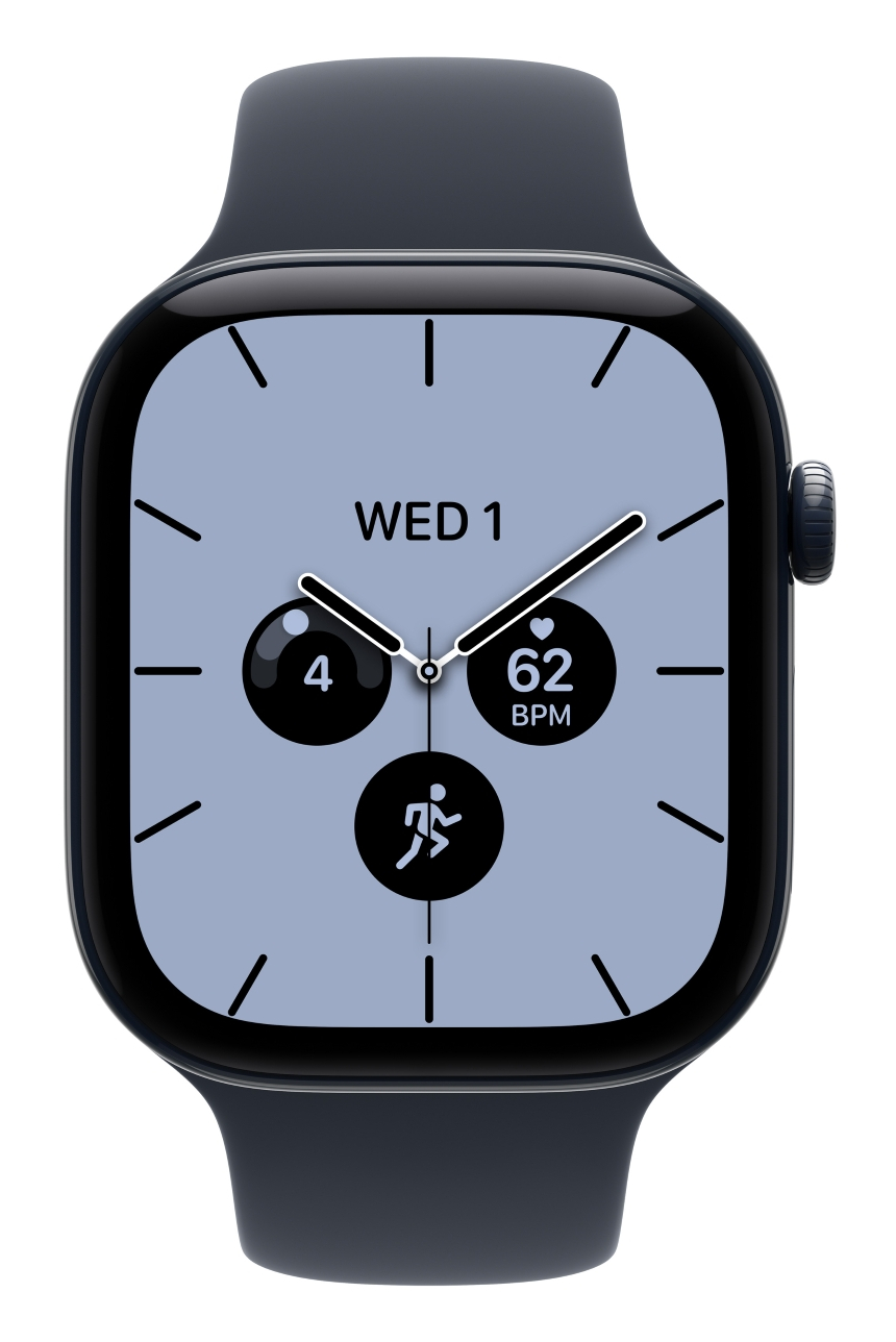 Czarny smartwatch z analogową tarczą, cyfrową datą i statystykami fitness na szarym tle.