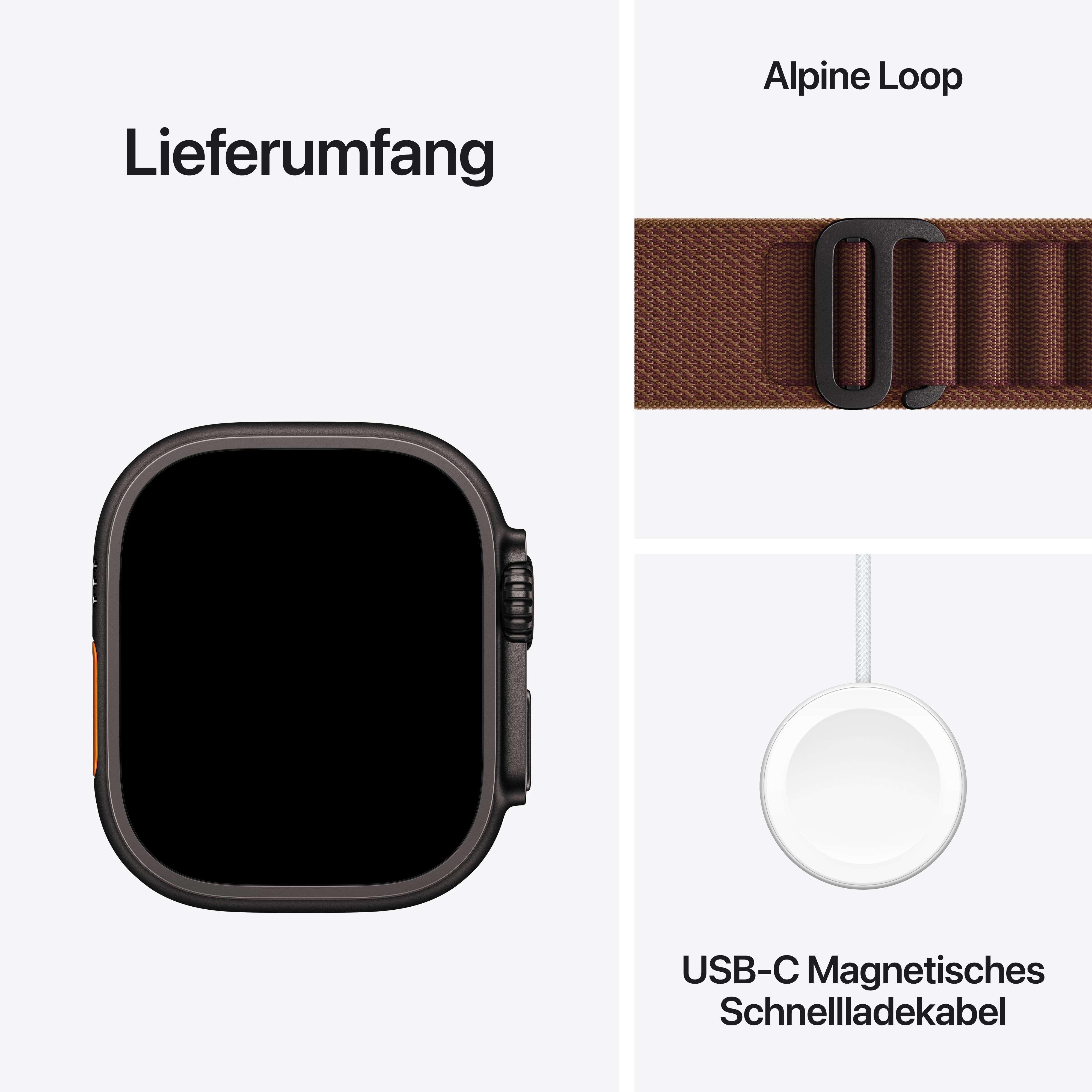 Lieferumfang: Schwarze Smartwatch mit braunem Alpine Loop Armband und USB-C Magnetischem Schnellladekabel.