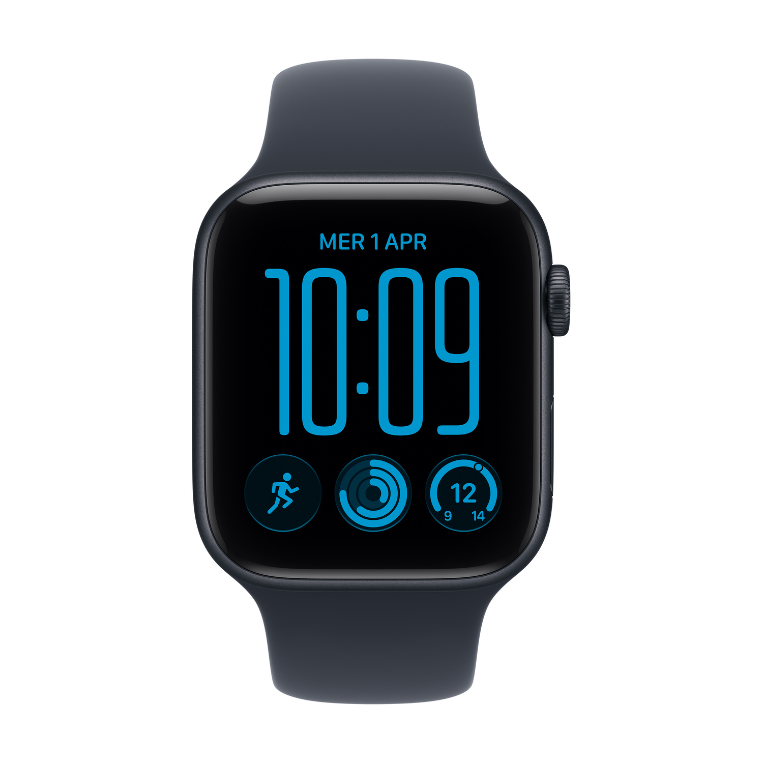 Smartwatch nero con display digitale blu che mostra 10:09, data e icone fitness.