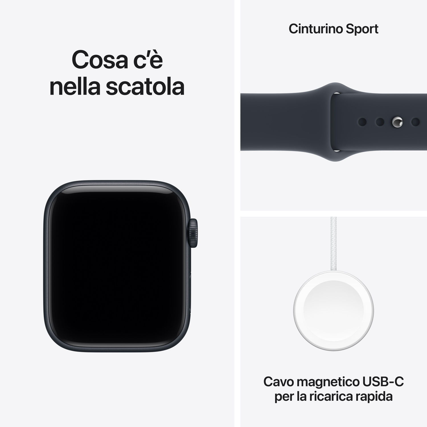 Contenuto della confezione di Apple Watch con cassa, cinturino sportivo e cavo di ricarica rapida USB-C.