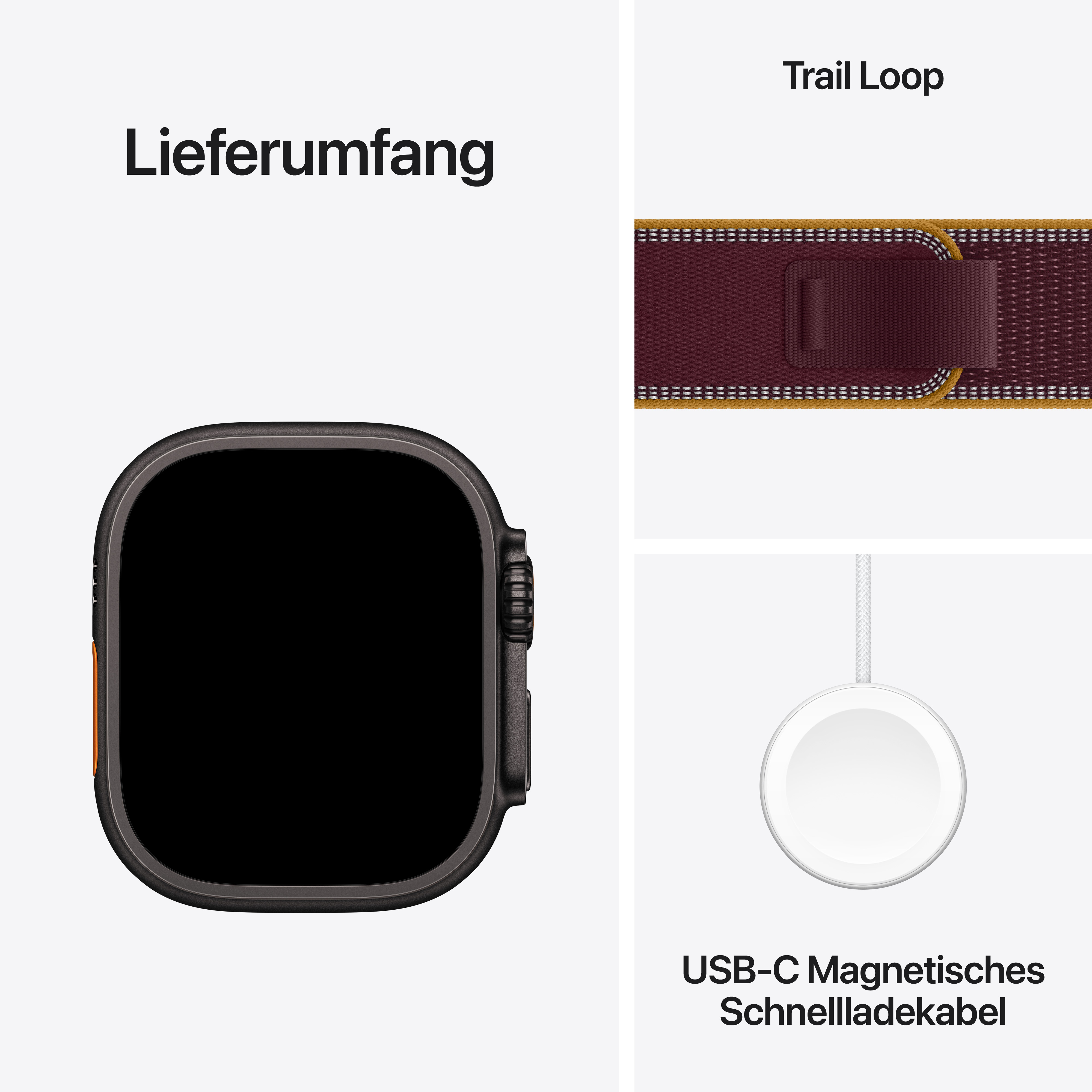 Lieferumfang mit schwarzer Smartwatch, Trail Loop Armband und USB-C Magnetischem Schnellladekabel.