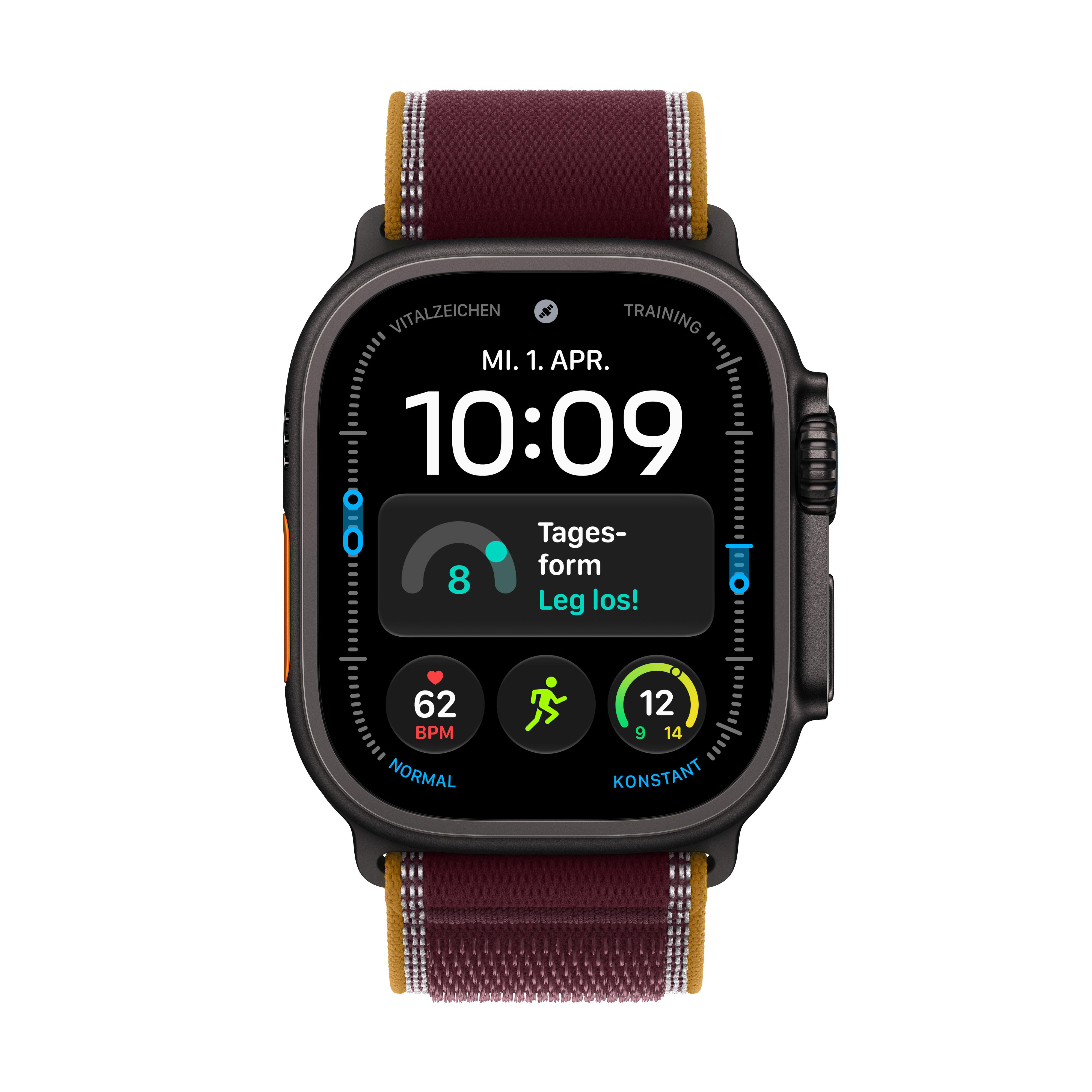 Eine schwarze Smartwatch mit dunkelrotem Stoffarmband zeigt digital die Uhrzeit 10:09 und verschiedene Fitnessdaten.