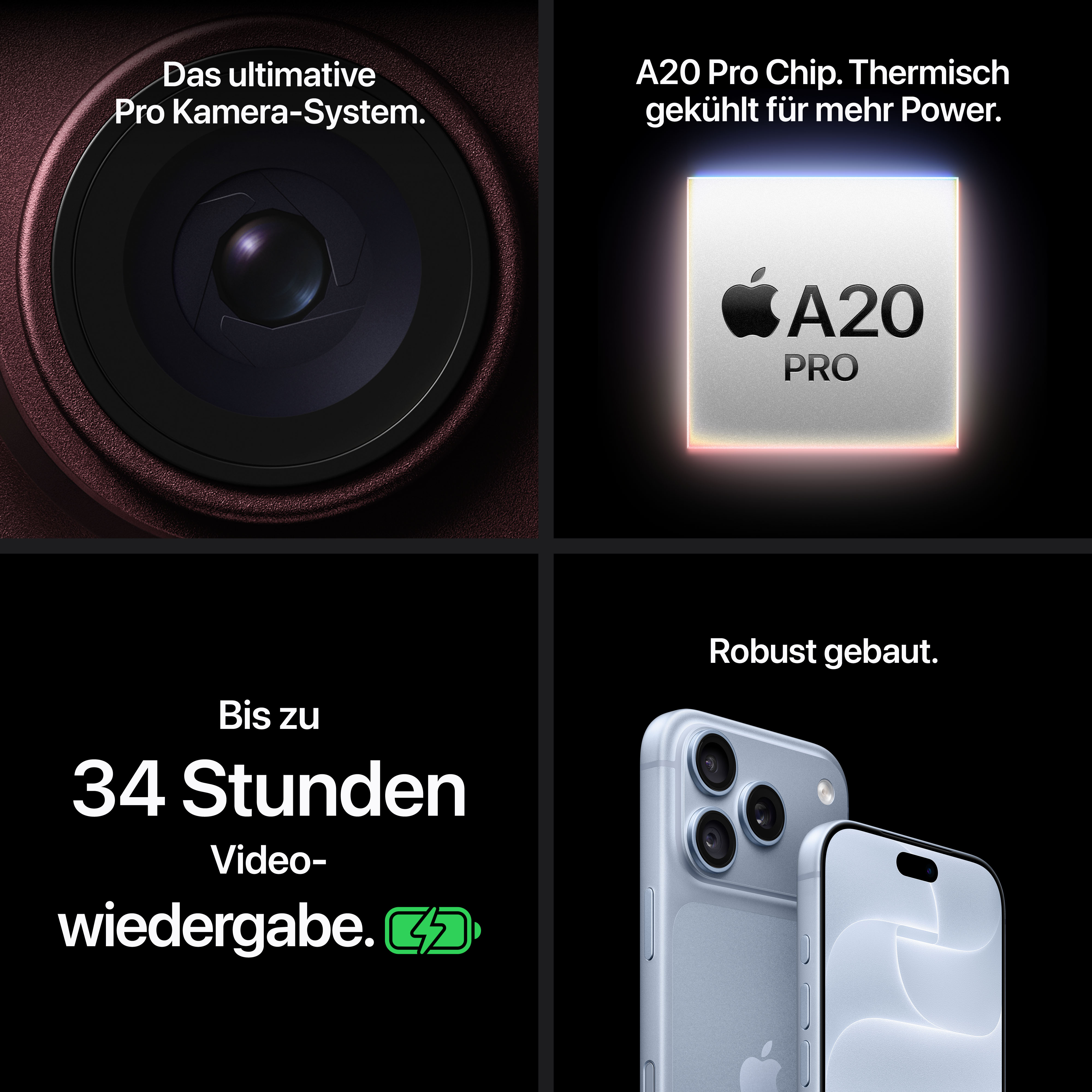 Präsentation von Smartphone-Features wie Kamera, Chip, Akkulaufzeit und Design auf vier geteilten Bildschirmen.