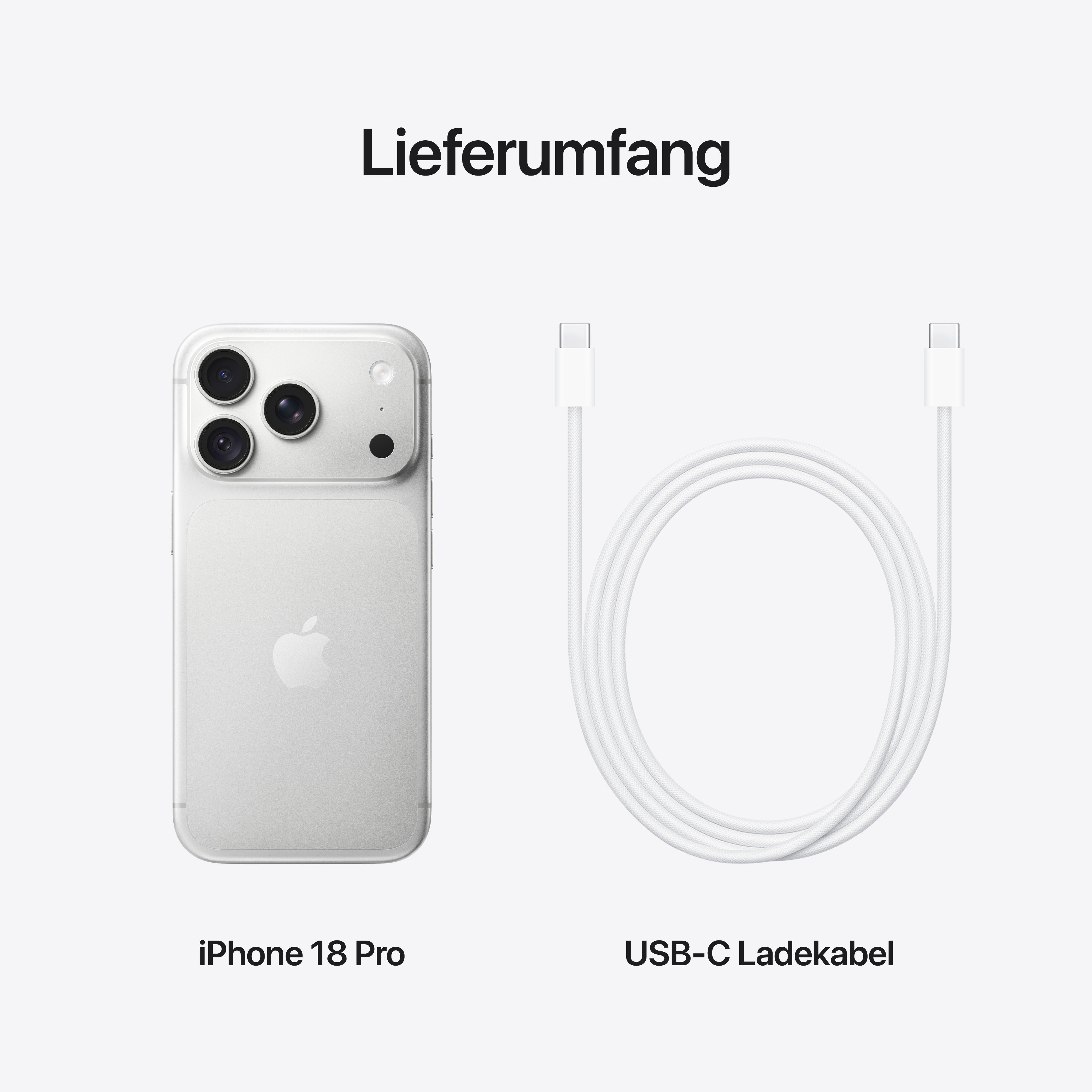 Lieferumfang: Ein silbernes iPhone 18 Pro und ein weißes USB-C Ladekabel auf hellem Hintergrund.
