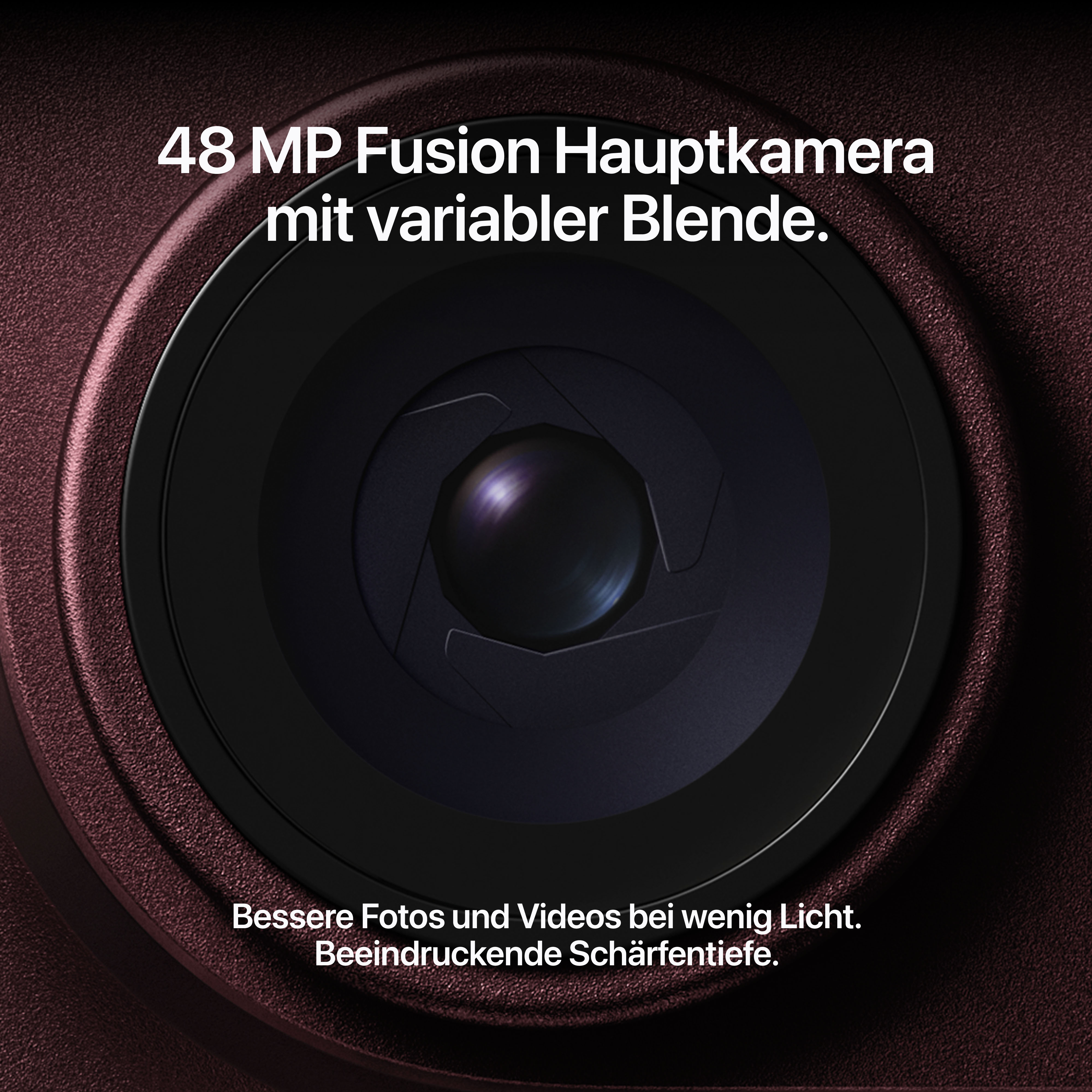 Nahaufnahme einer Smartphone-Kamera mit variabler Blende und Text auf Deutsch über die 48 MP Fusion Hauptkamera.