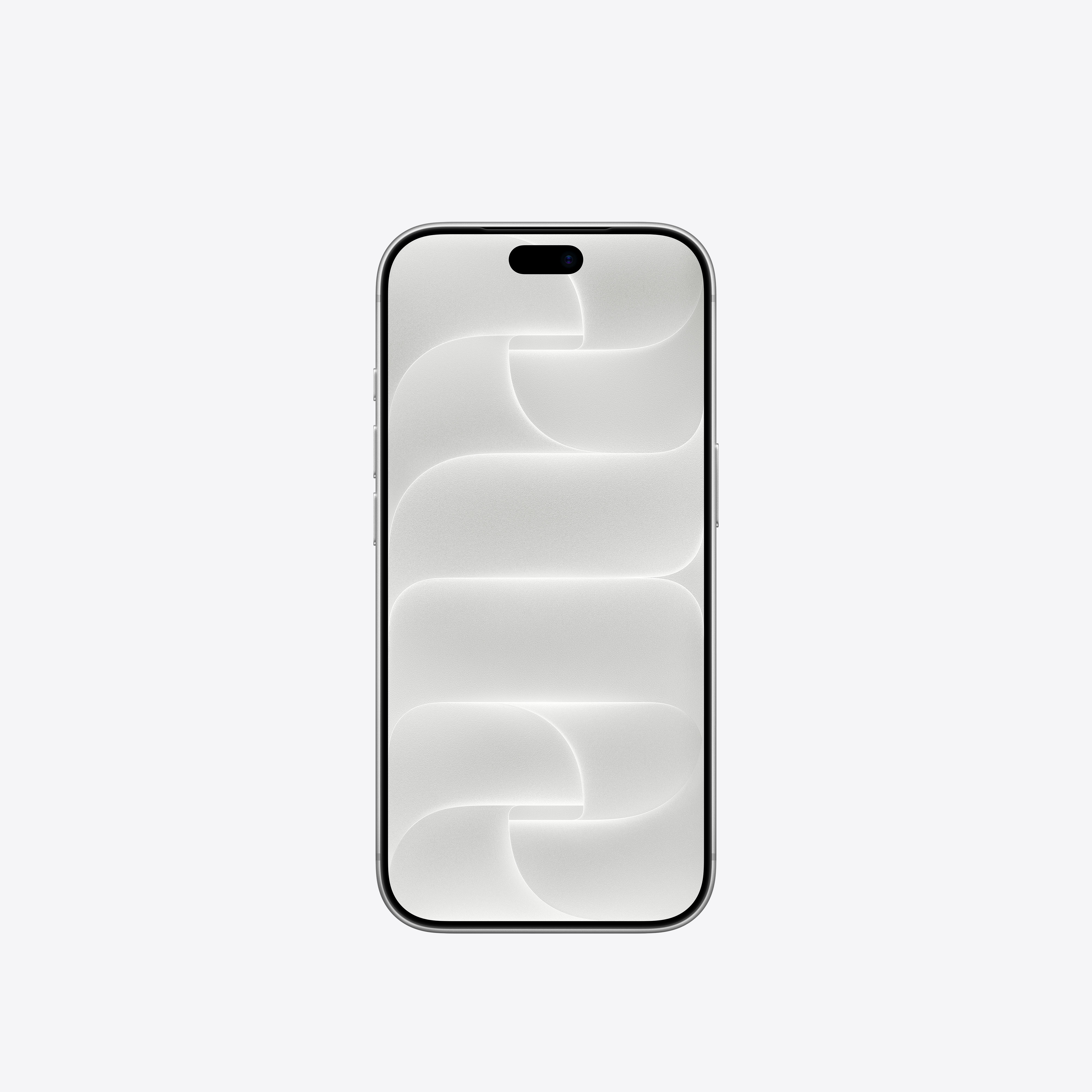 Ein silbernes Smartphone mit weißem, abstrakt gemustertem Hintergrund auf dem Bildschirm gegen einen hellen Hintergrund.
