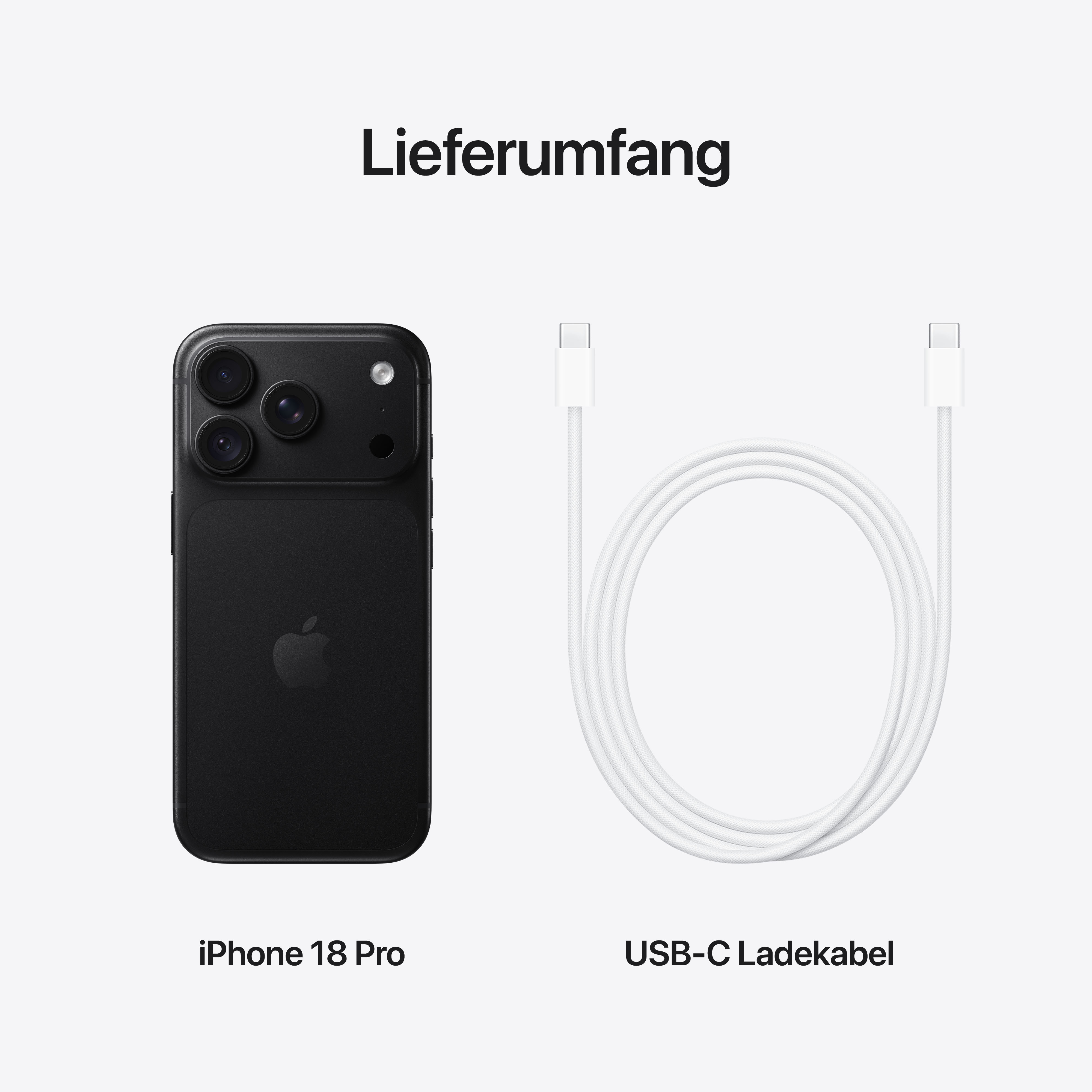 Ein schwarzes iPhone 18 Pro und ein weißes USB-C-Ladekabel auf hellem Hintergrund mit deutscher Beschriftung.