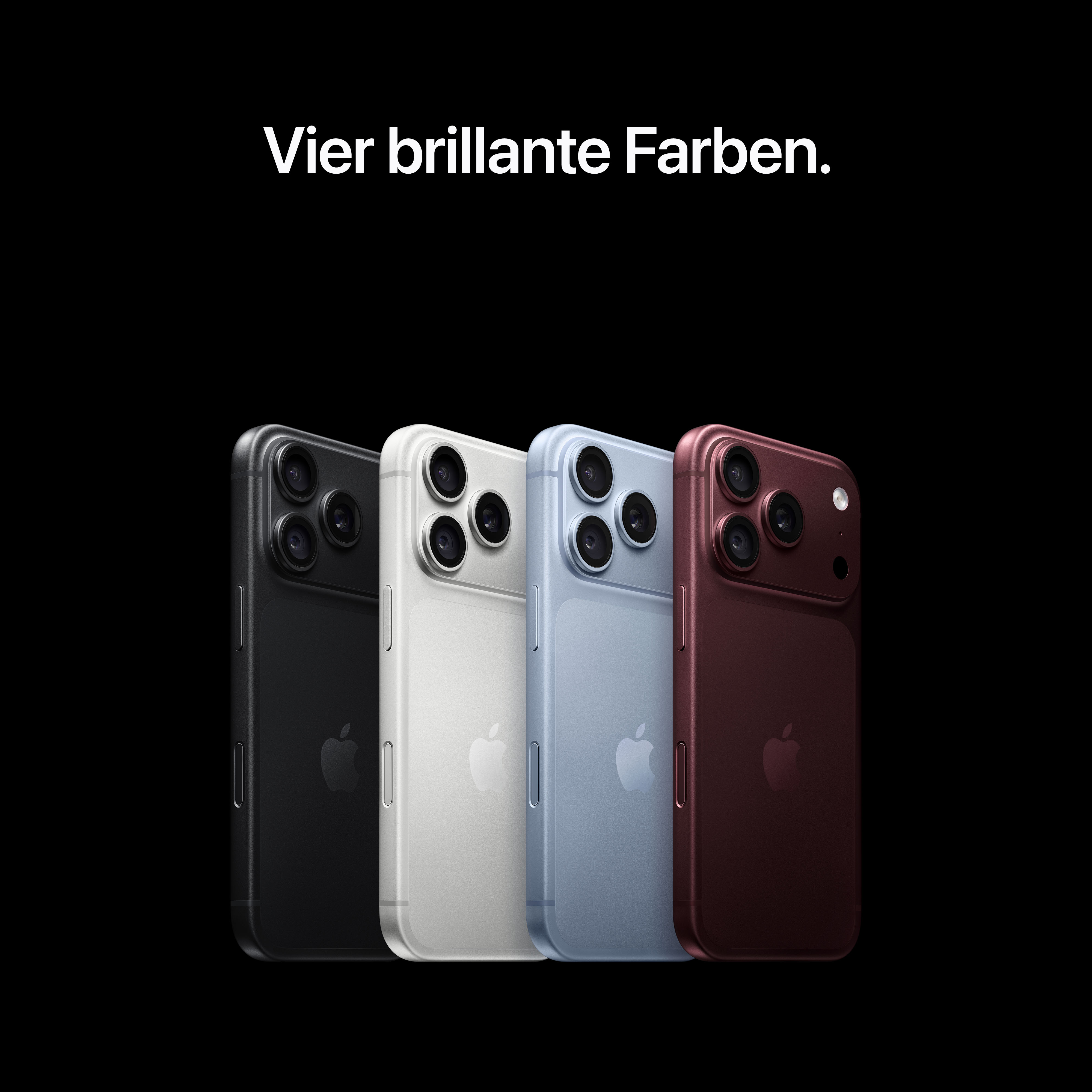 Vier iPhones in Schwarz, Silber, Blau und Rot vor schwarzem Hintergrund mit dem Text 'Vier brillante Farben.'