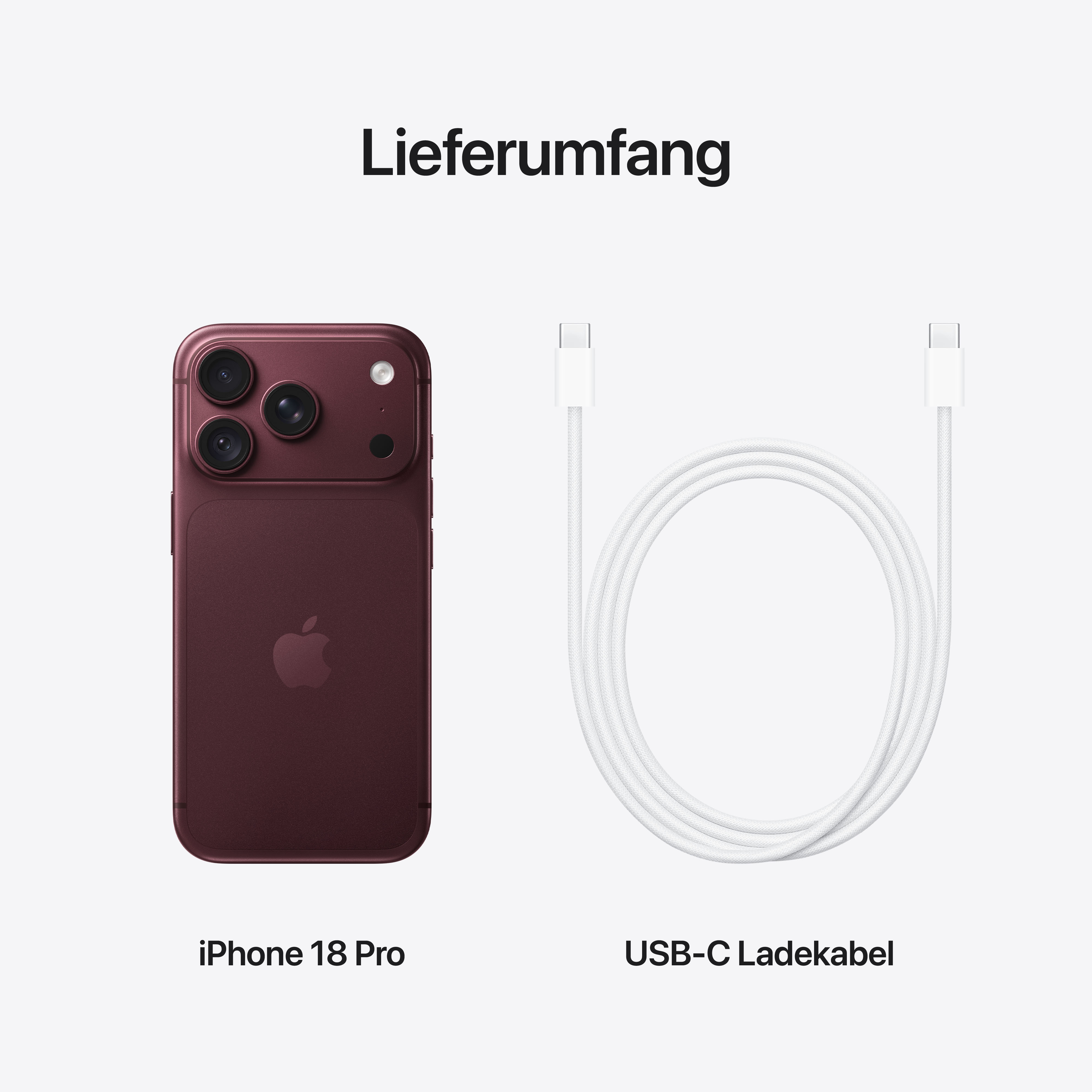 Lieferumfang: Ein bordeauxrotes iPhone 18 Pro und ein weißes USB-C-Ladekabel auf hellem Hintergrund.