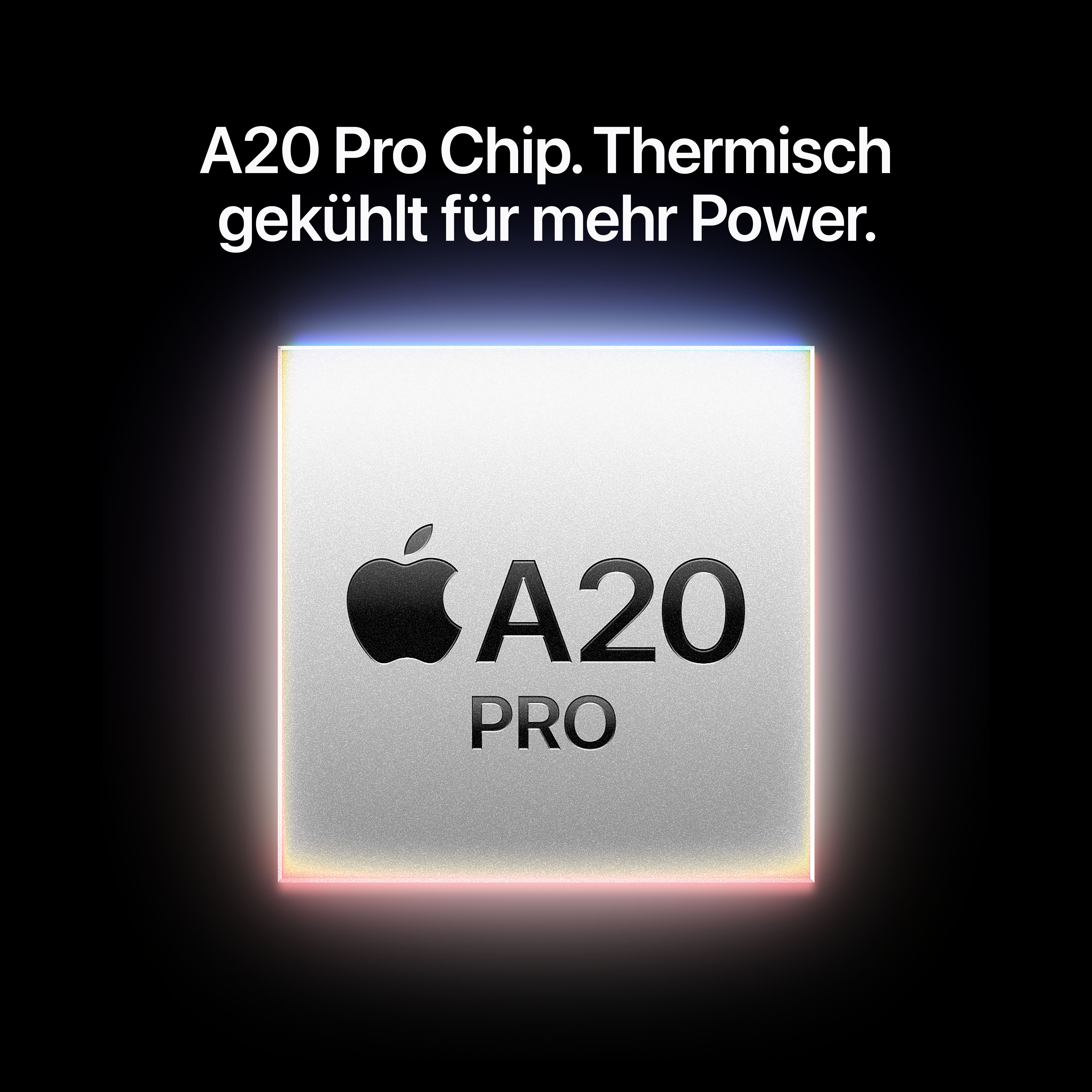 Glänzender A20 Pro Chip auf schwarzem Hintergrund mit weißem Text.