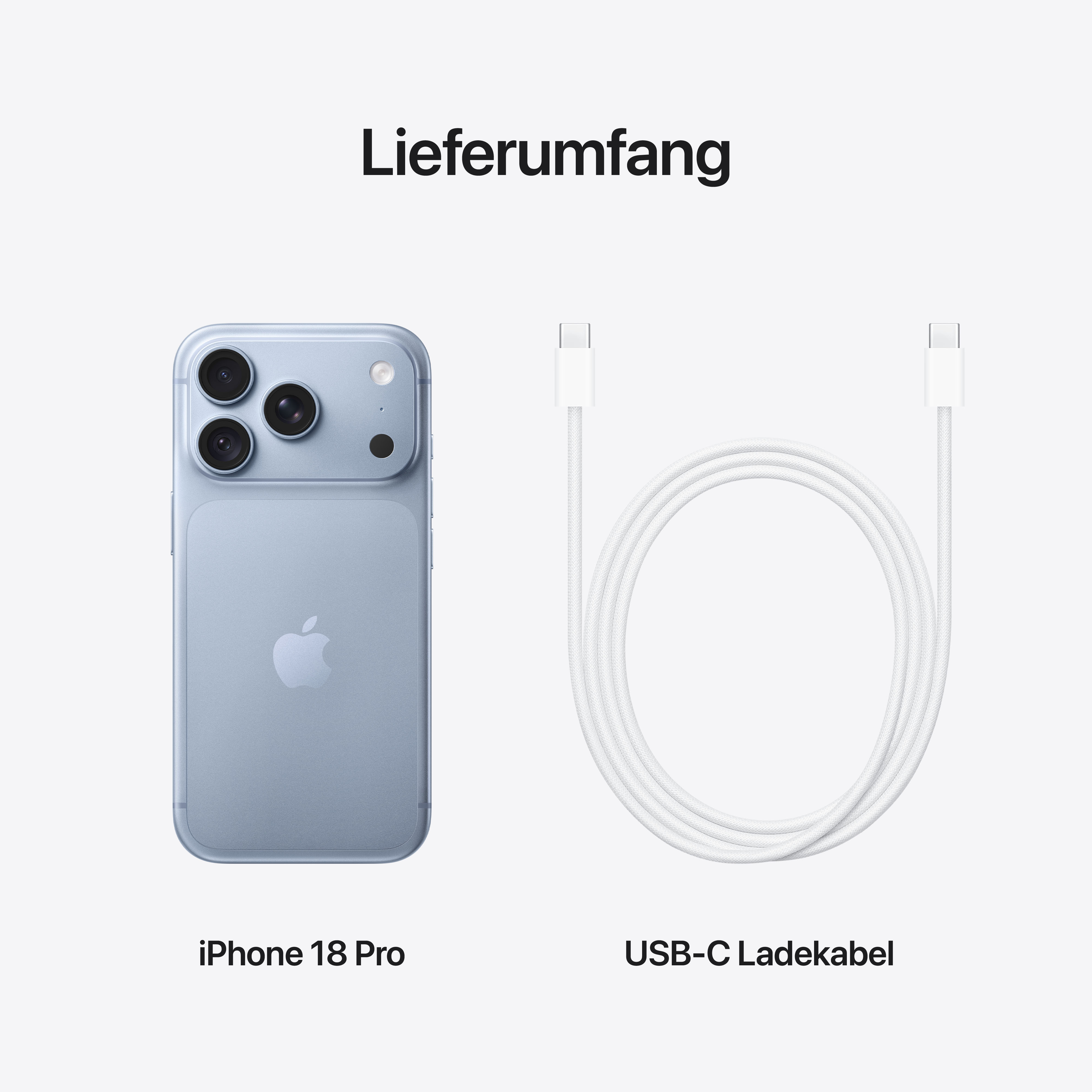 Lieferumfang: Ein blauer iPhone 18 Pro und ein weißes USB-C Ladekabel auf hellem Hintergrund.