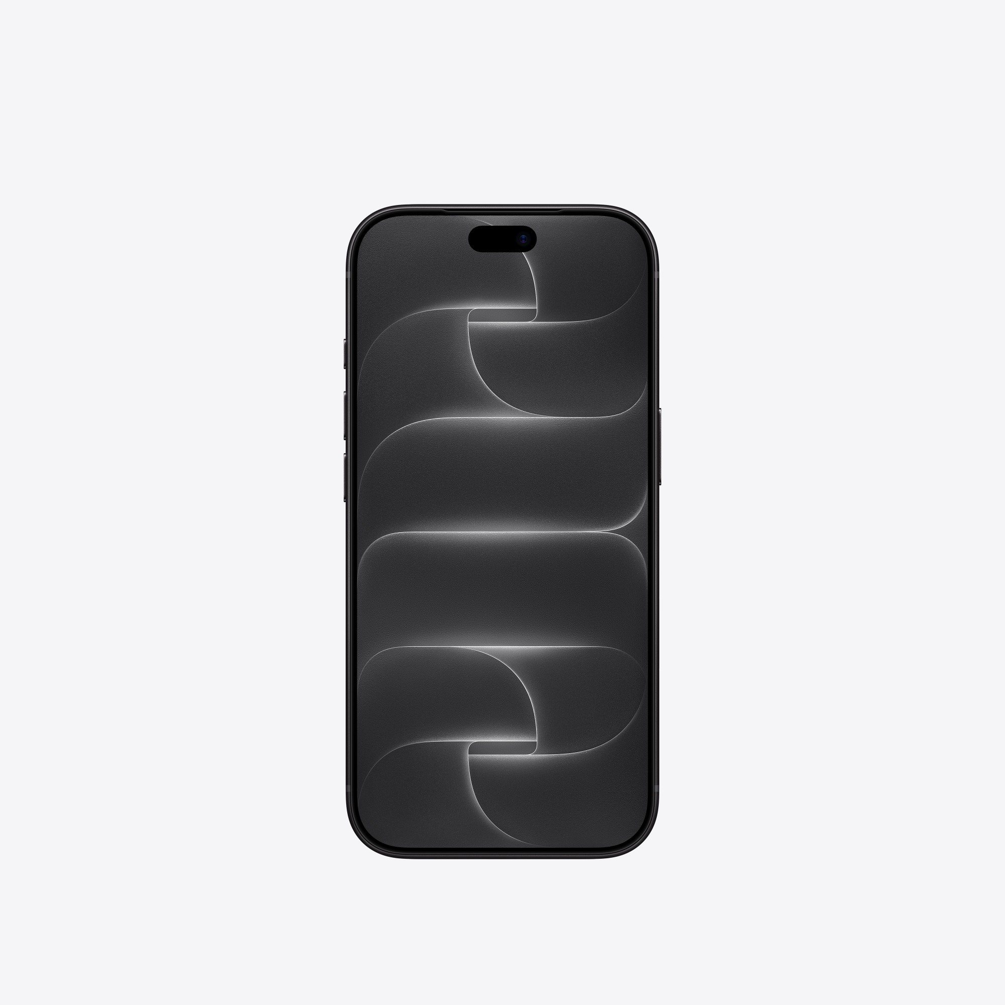 Czarny smartfon z zaokrąglonymi rogami wyświetla ciemny, abstrakcyjny wzór na gładkim, szarym tle.