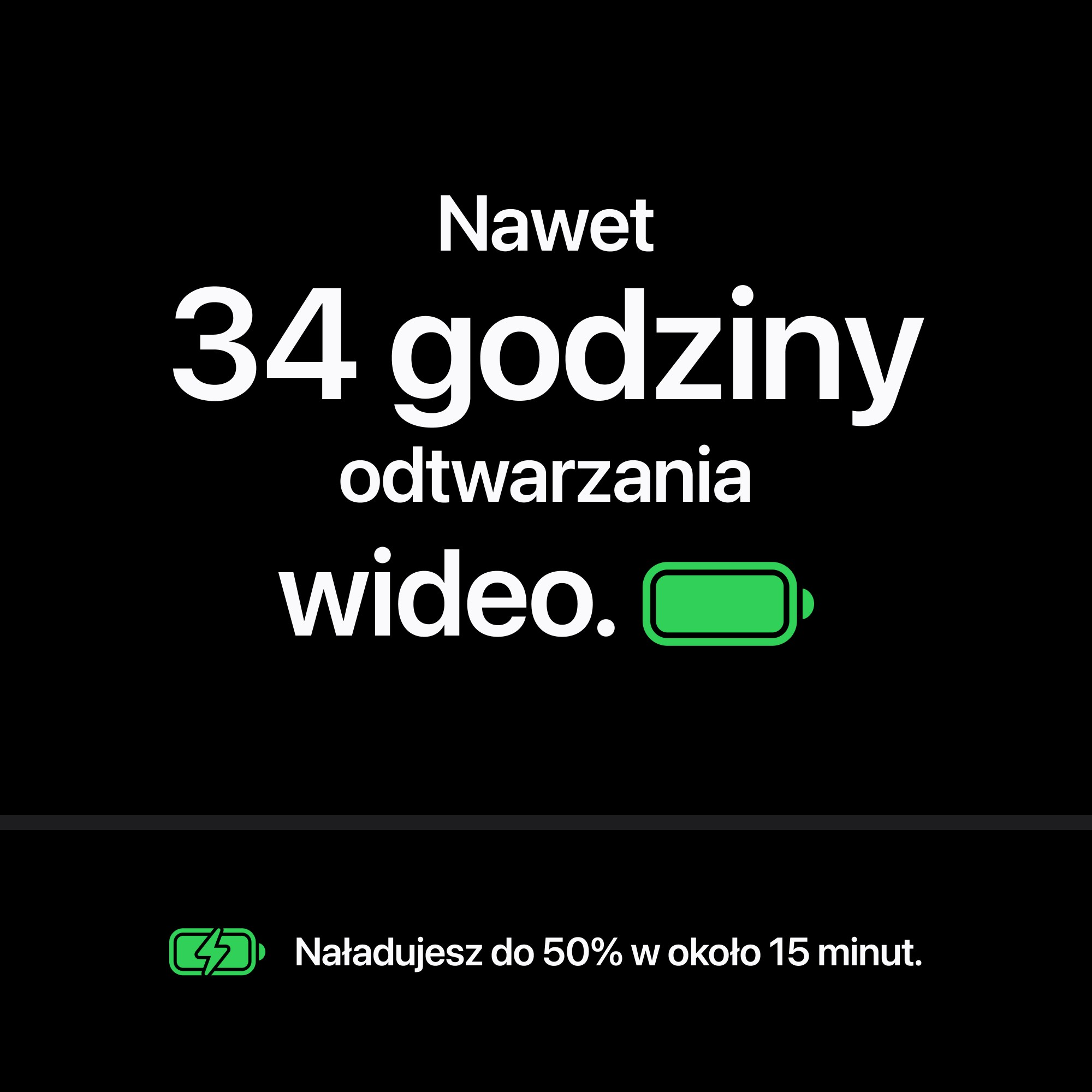 Czarne tło z białym tekstem informującym o 34 godzinach odtwarzania wideo i zieloną ikoną baterii.