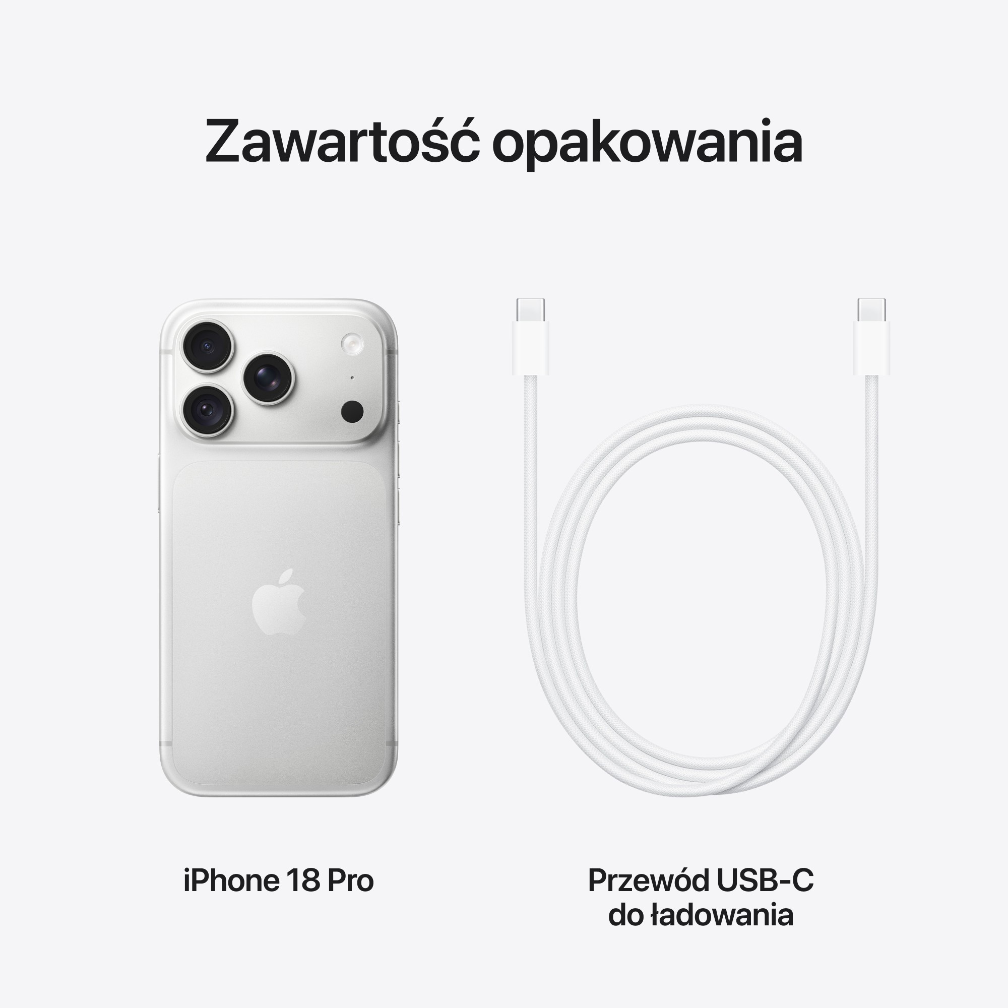 Zawartość opakowania: iPhone 18 Pro oraz biały przewód USB-C do ładowania.