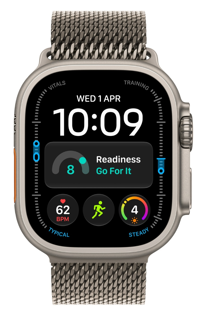 Smartwatch z metalową bransoletą siatkową, wyświetlający godzinę 10:09, gotowość 8 i tętno 62 bpm.