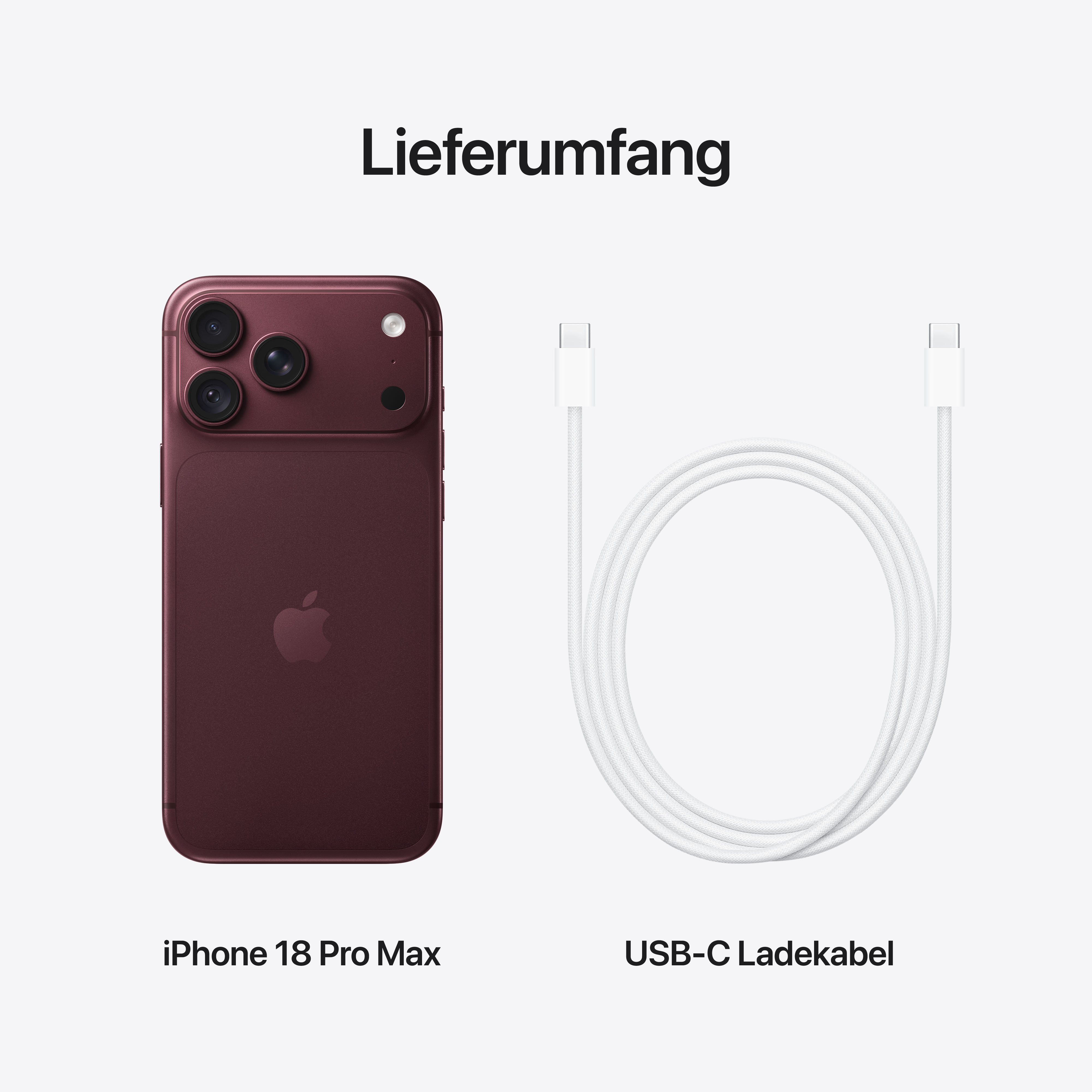 Lieferumfang: Ein dunkelrotes iPhone 18 Pro Max und ein weißes USB-C Ladekabel.