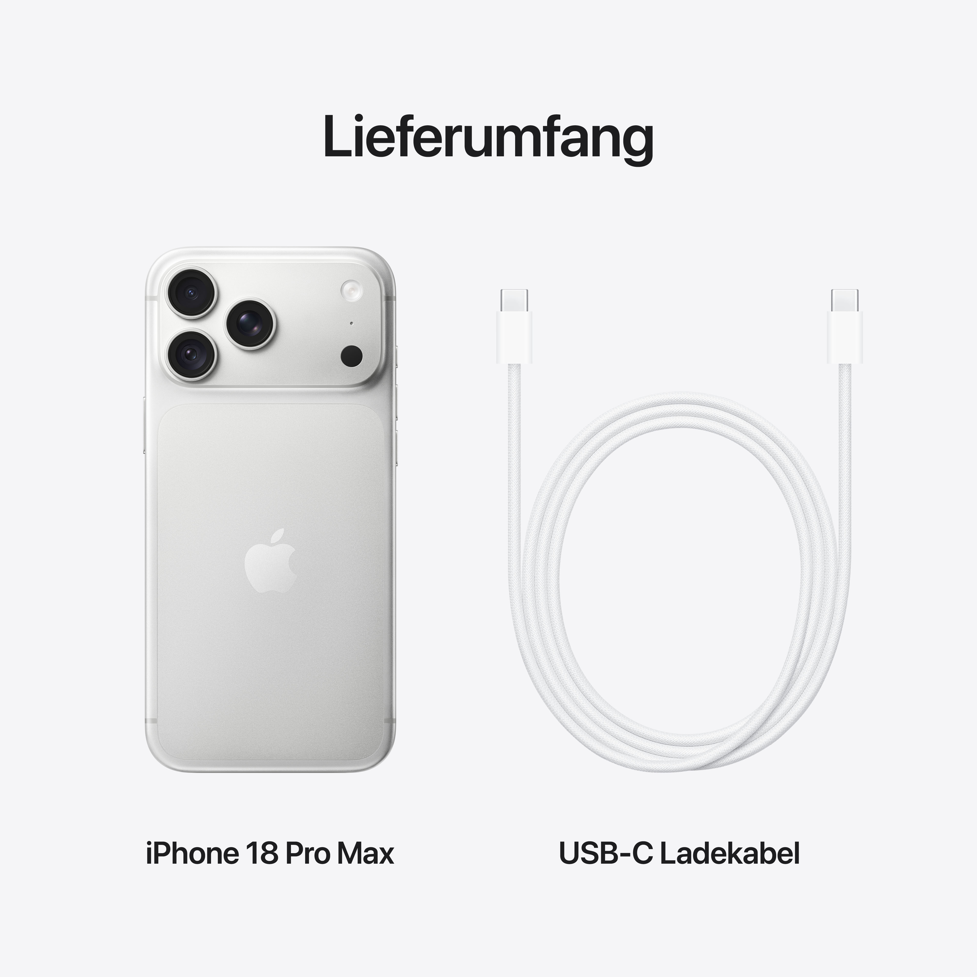 Lieferumfang: Ein silbernes iPhone 18 Pro Max und ein weißes USB-C-Ladekabel auf hellem Hintergrund.