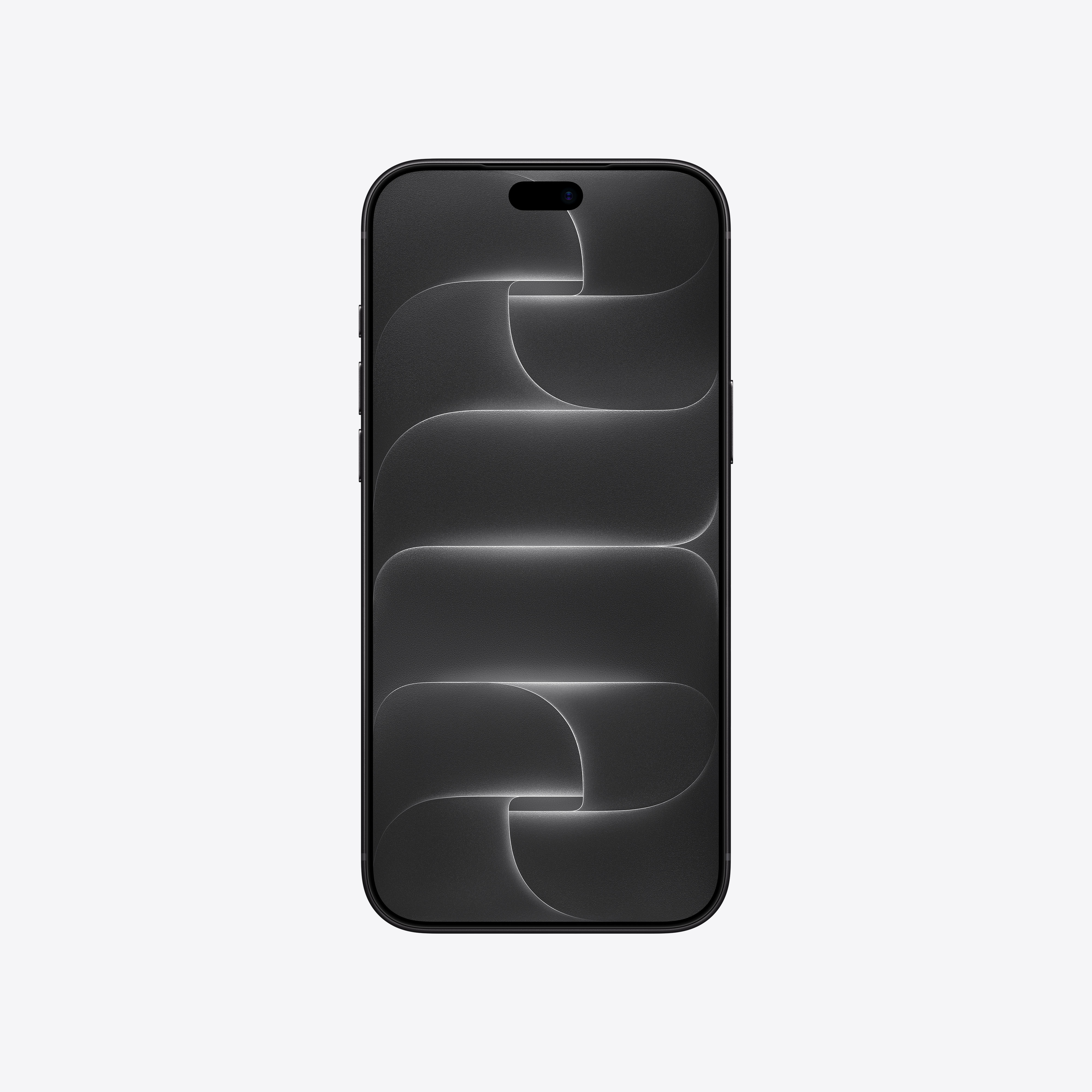 Ein schwarzes Smartphone mit einer abstrakten, dunkelgrau-weißen Mustertapete vor hellem Hintergrund.