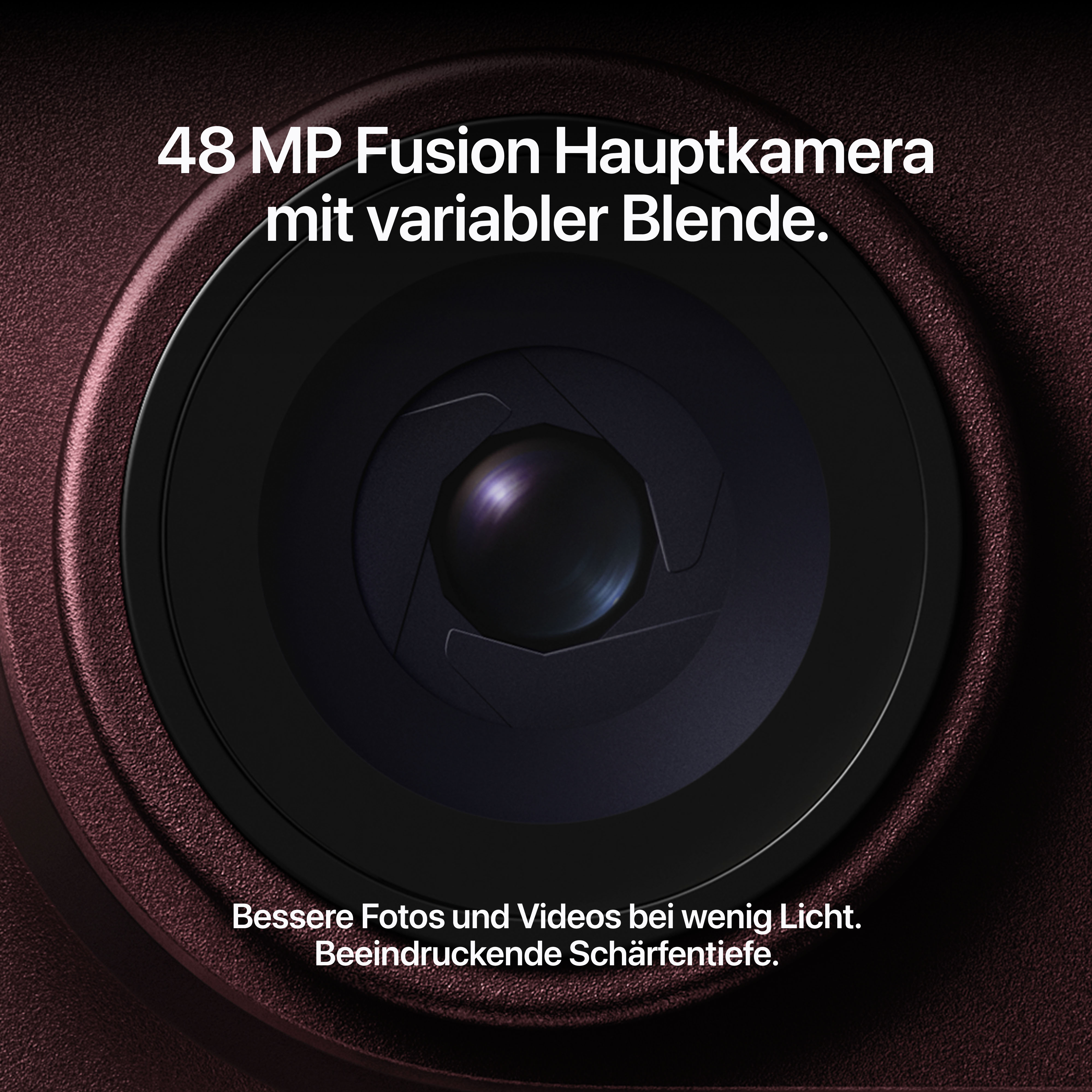 Nahaufnahme einer Smartphone-Kamera mit variabler Blende und Text auf dunklem Hintergrund.