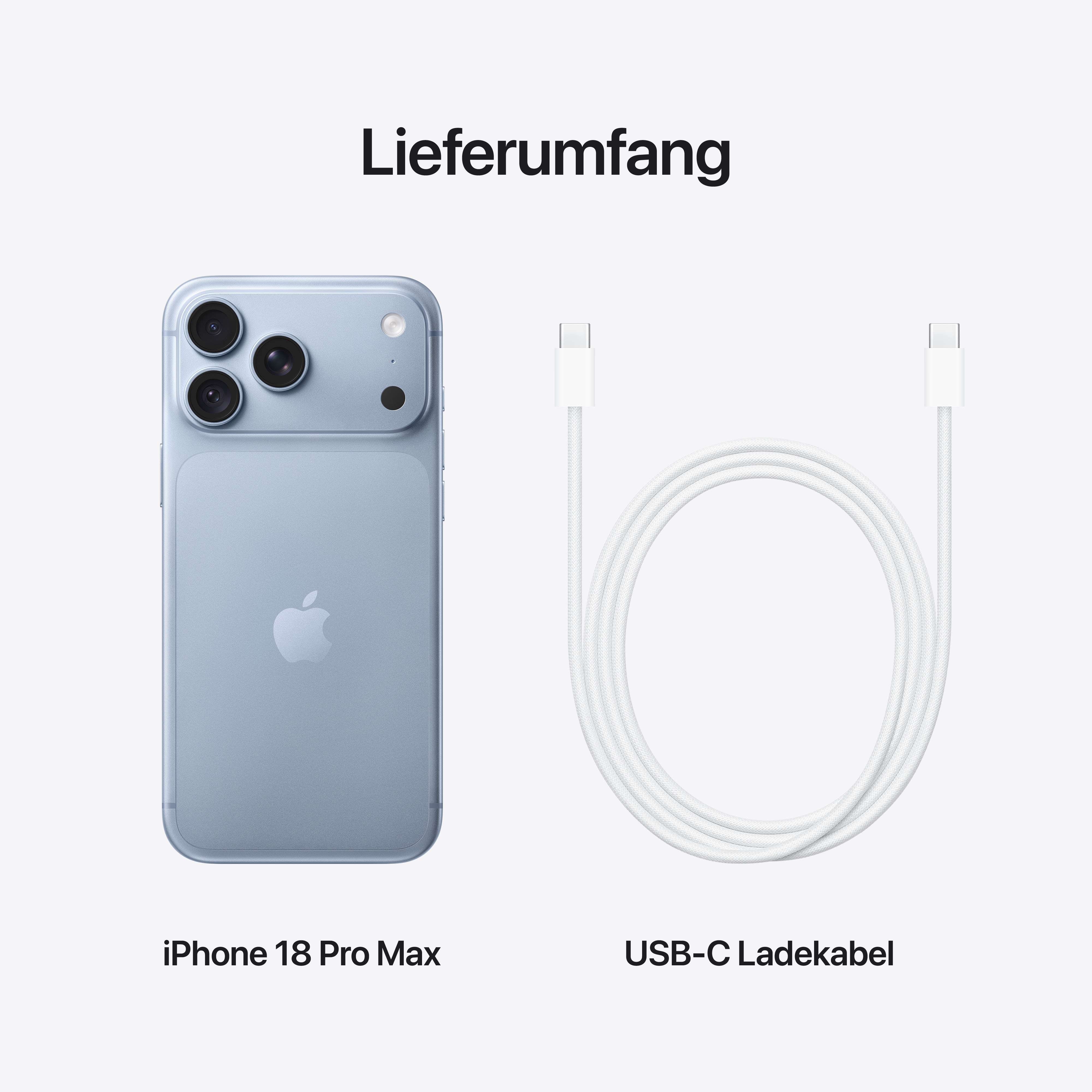 Lieferumfang: Ein hellblaues iPhone 18 Pro Max und ein weißes USB-C Ladekabel.