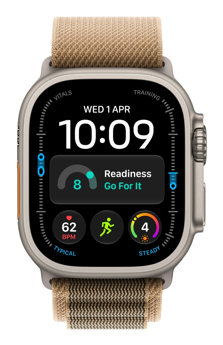 Smartwatch z brązowym paskiem z tkaniny i czarnym wyświetlaczem pokazuje godzinę, tętno i dane treningowe.