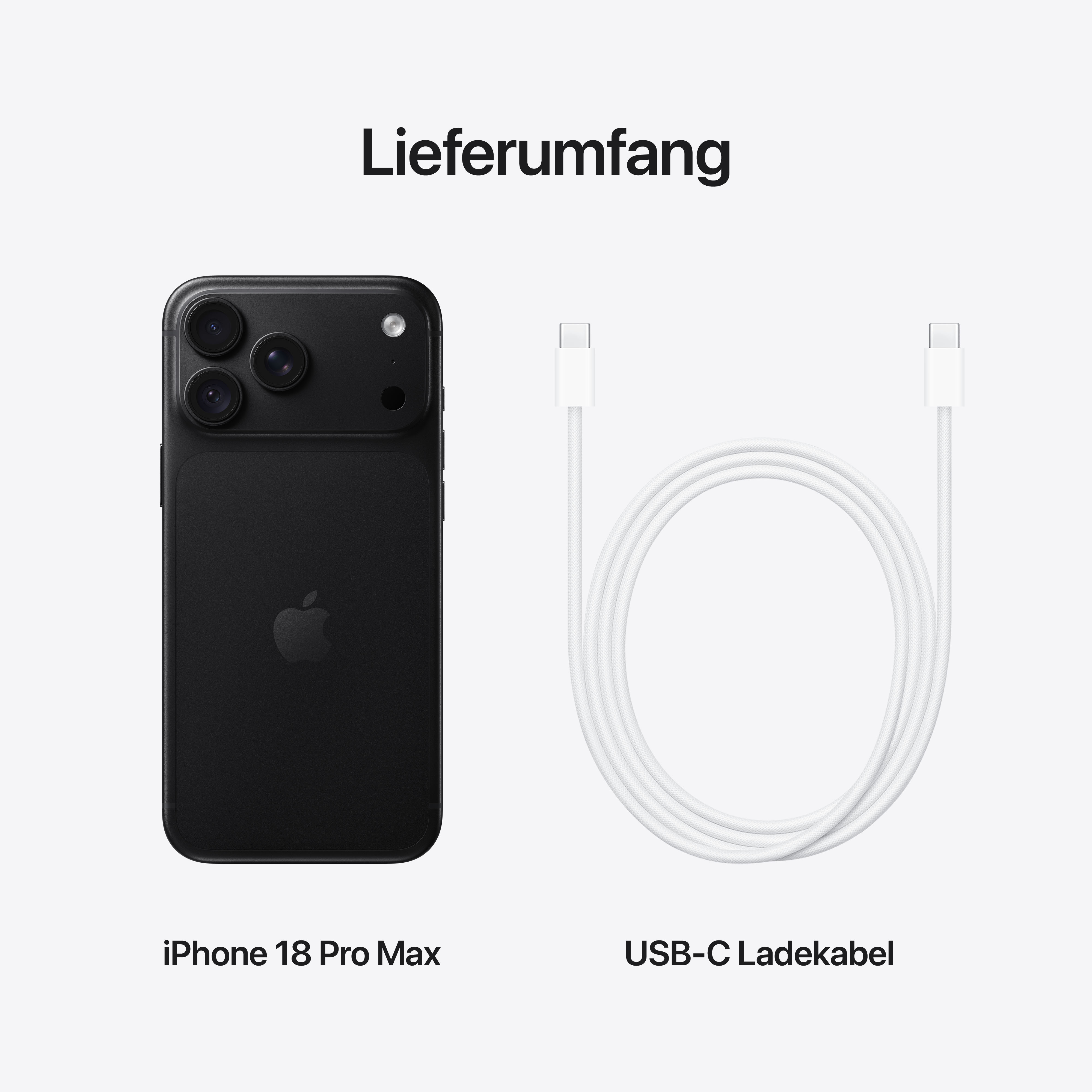 Lieferumfang: Ein schwarzes iPhone 18 Pro Max und ein weißes USB-C-Ladekabel auf hellem Hintergrund.