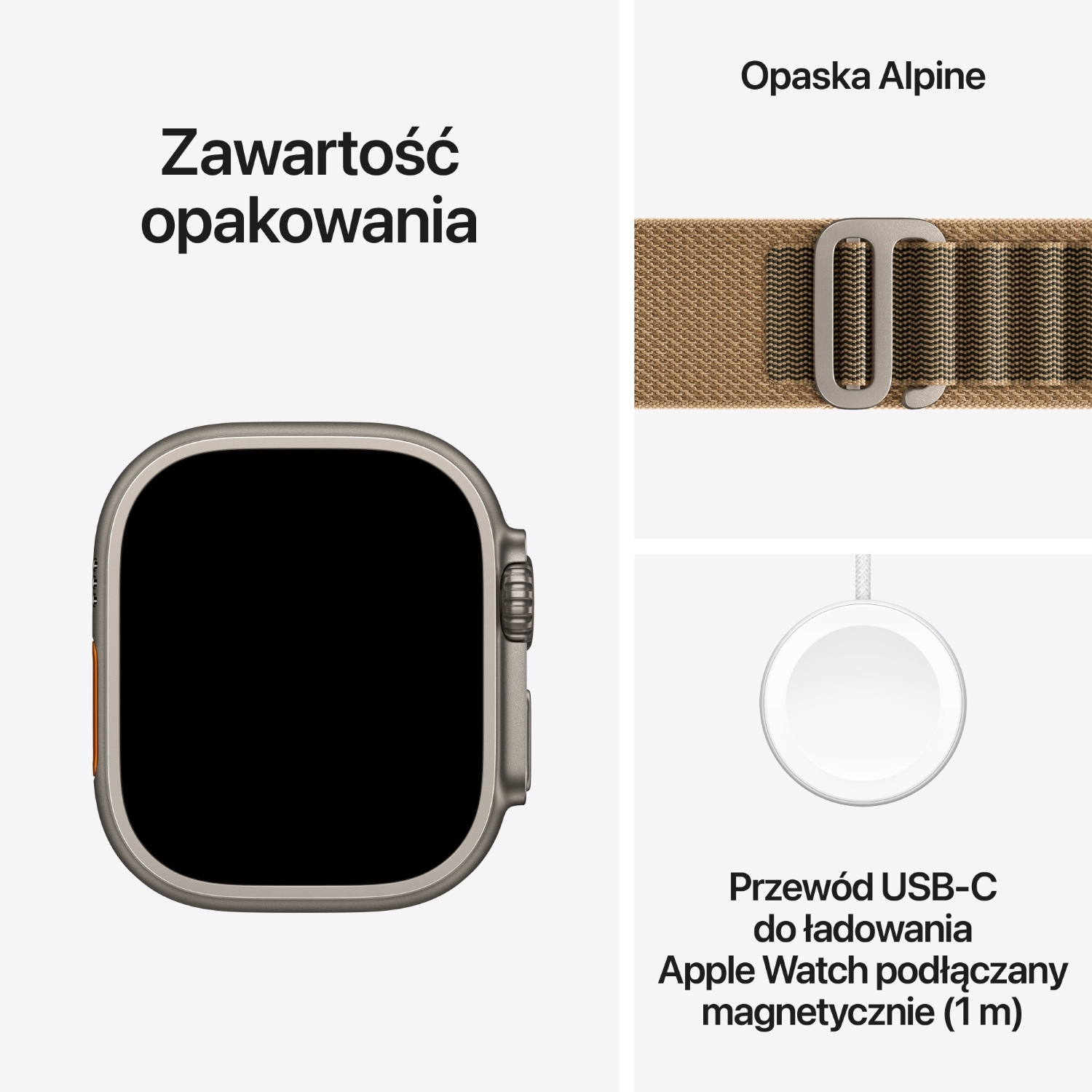 Zawartość opakowania: Apple Watch, opaska Alpine i magnetyczny przewód USB-C do ładowania.
