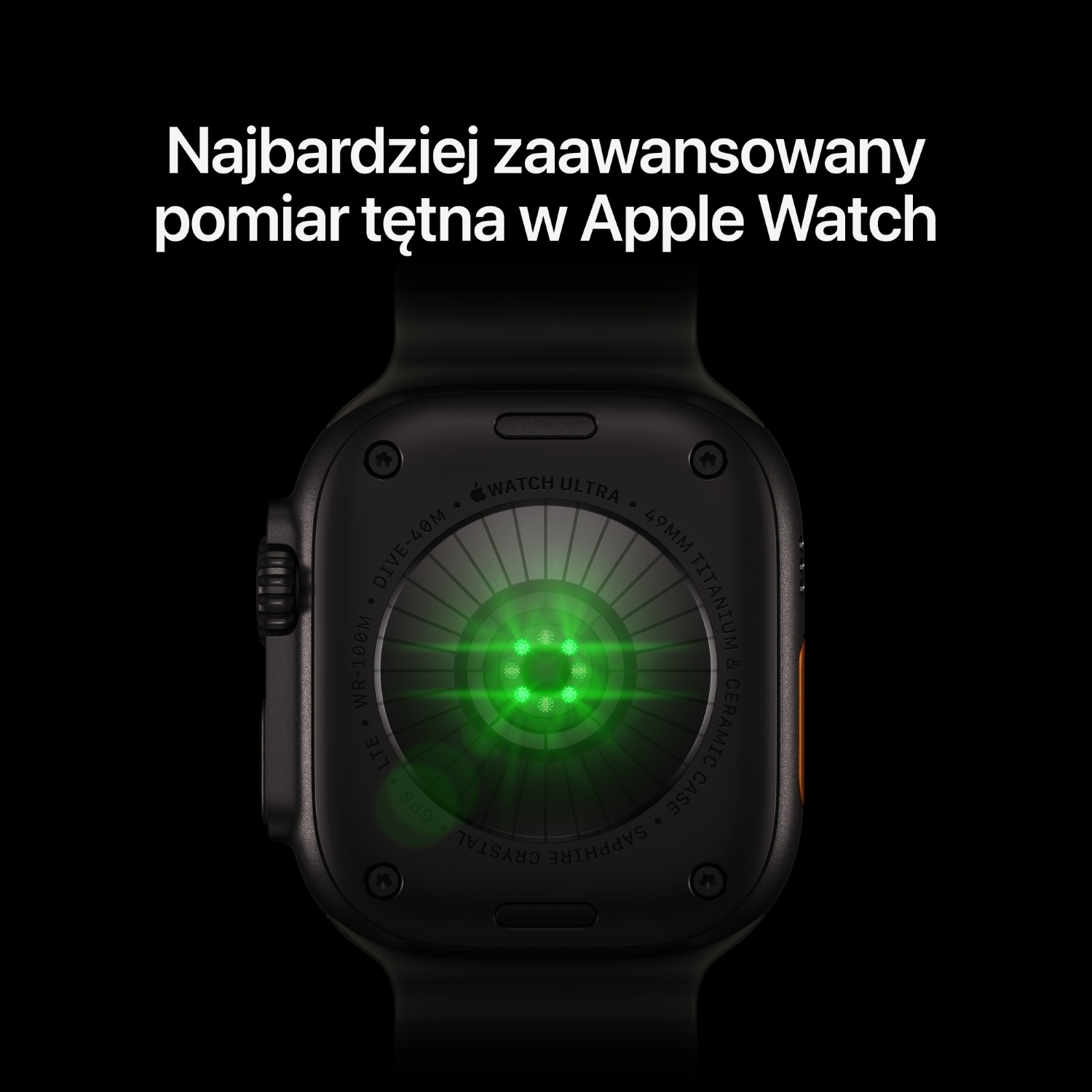 Tył zegarka Apple Watch Ultra z zielonym czujnikiem tętna i napisem u góry.