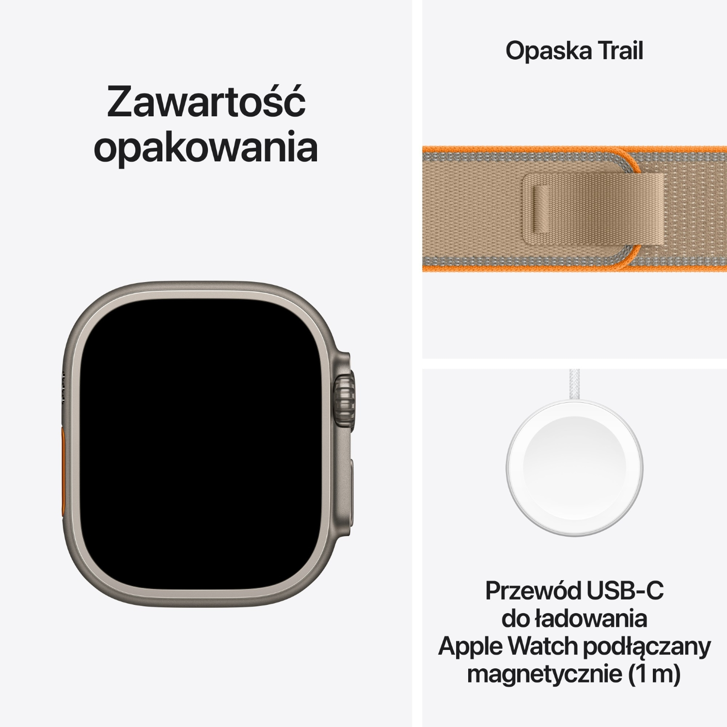 Zawartość opakowania z zegarkiem Apple Watch, paskiem Trail i ładowarką.