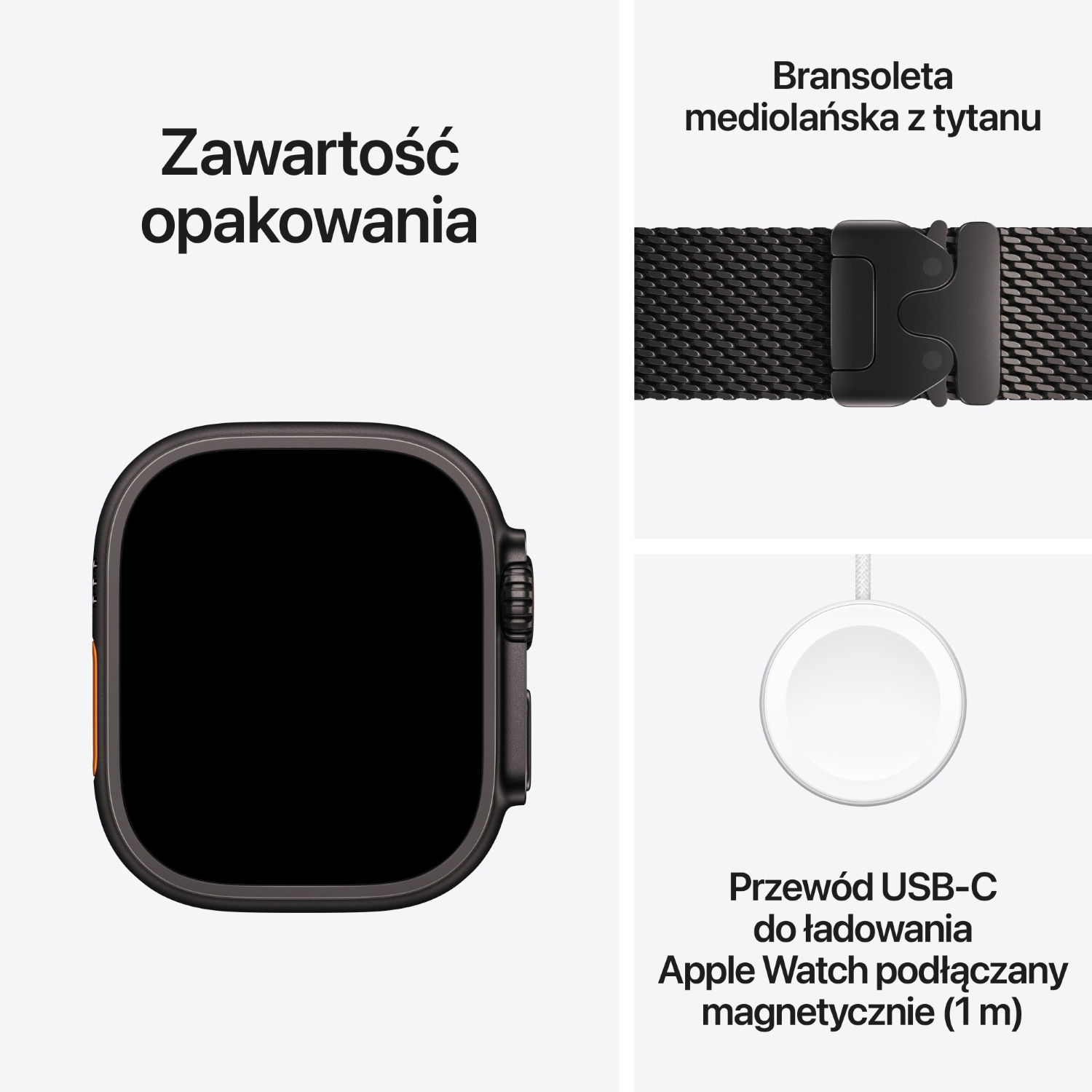 Zawartość opakowania: smartwatch, tytanowa bransoleta mediolańska oraz magnetyczny przewód ładujący USB-C.