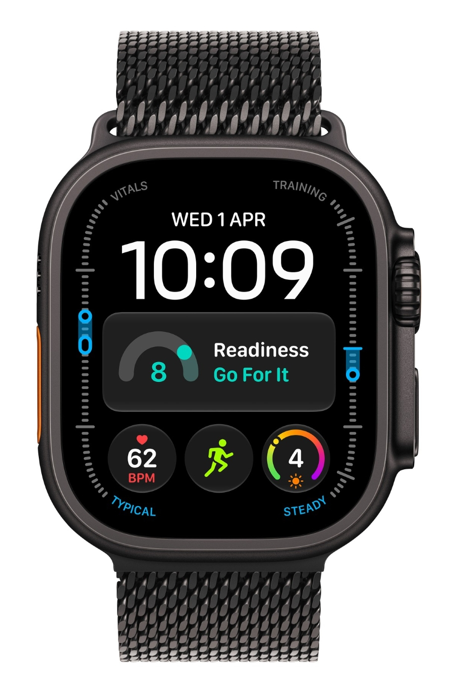 Czarny smartwatch z metalową bransoletą pokazuje tarcze z danymi o kondycji i zdrowiu.