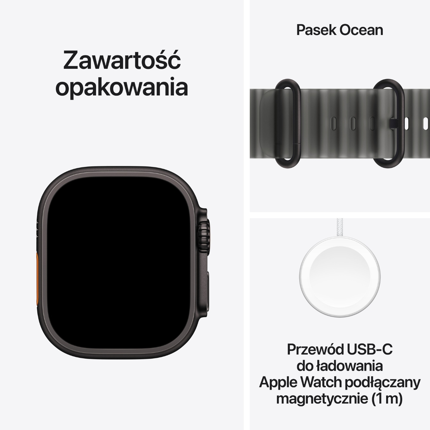 Zawartość opakowania: smartwatch, pasek Ocean oraz magnetyczny kabel do ładowania USB-C.