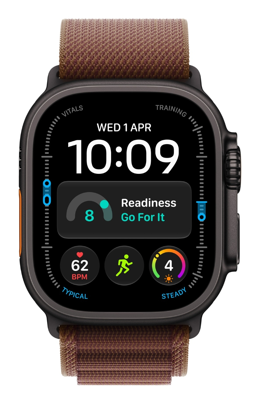 Czarny smartwatch z brązowym paskiem z tkaniny pokazuje godzinę 10:09, tętno i dane o aktywności.