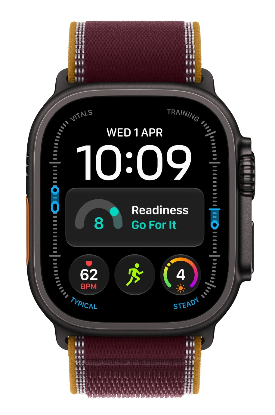 Czarny smartwatch z ciemnoczerwoną opaską z tkaniny wyświetla 1 kwietnia, 10:09 oraz dane dotyczące zdrowia.