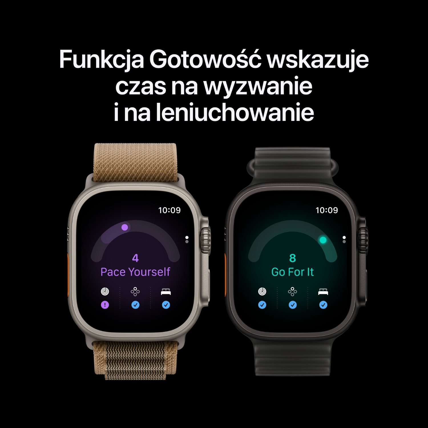 Dwa smartwatche pokazują dane zdrowotne na czarnych ekranach z polskim tekstem na czarnym tle.