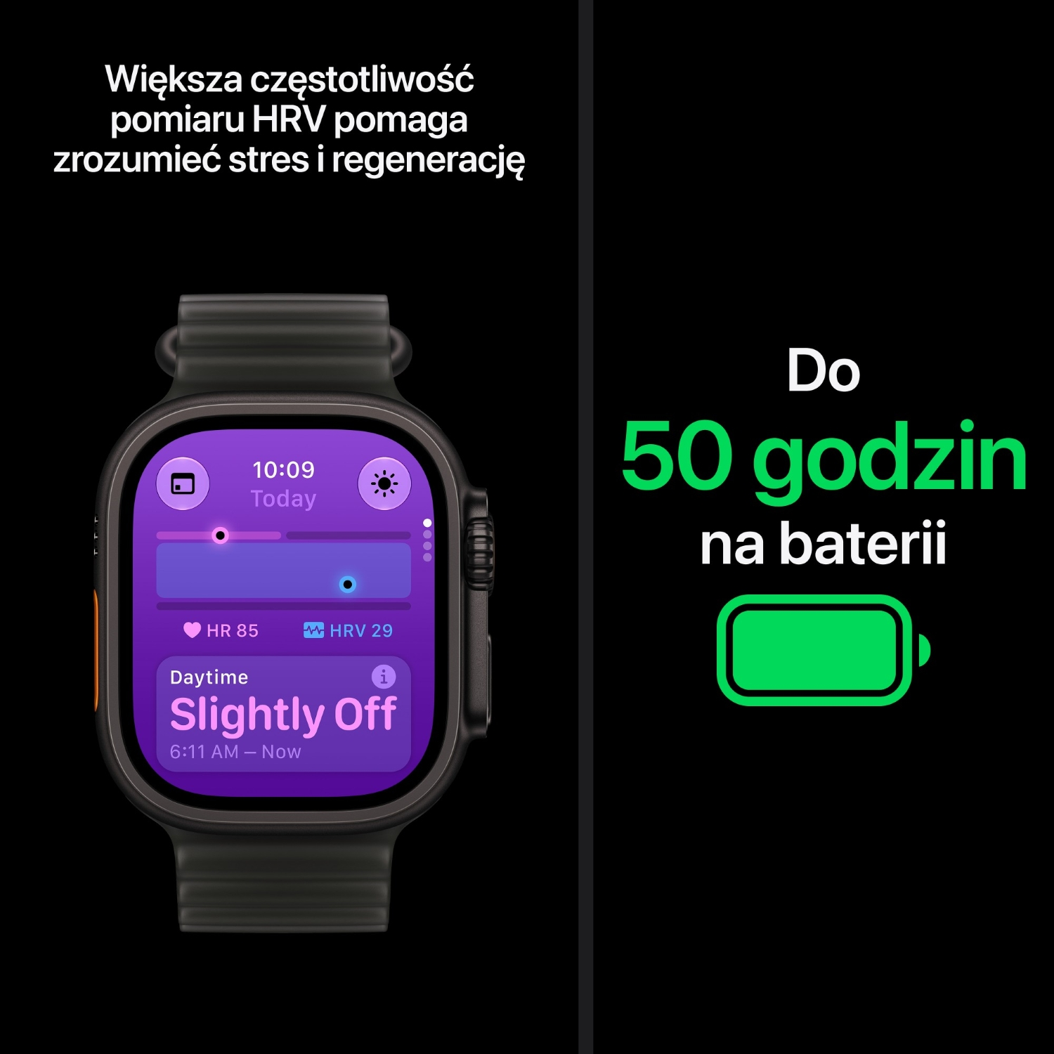 Smartwatch z fioletowym interfeksem HRV i napisem o 50 godzinach baterii.