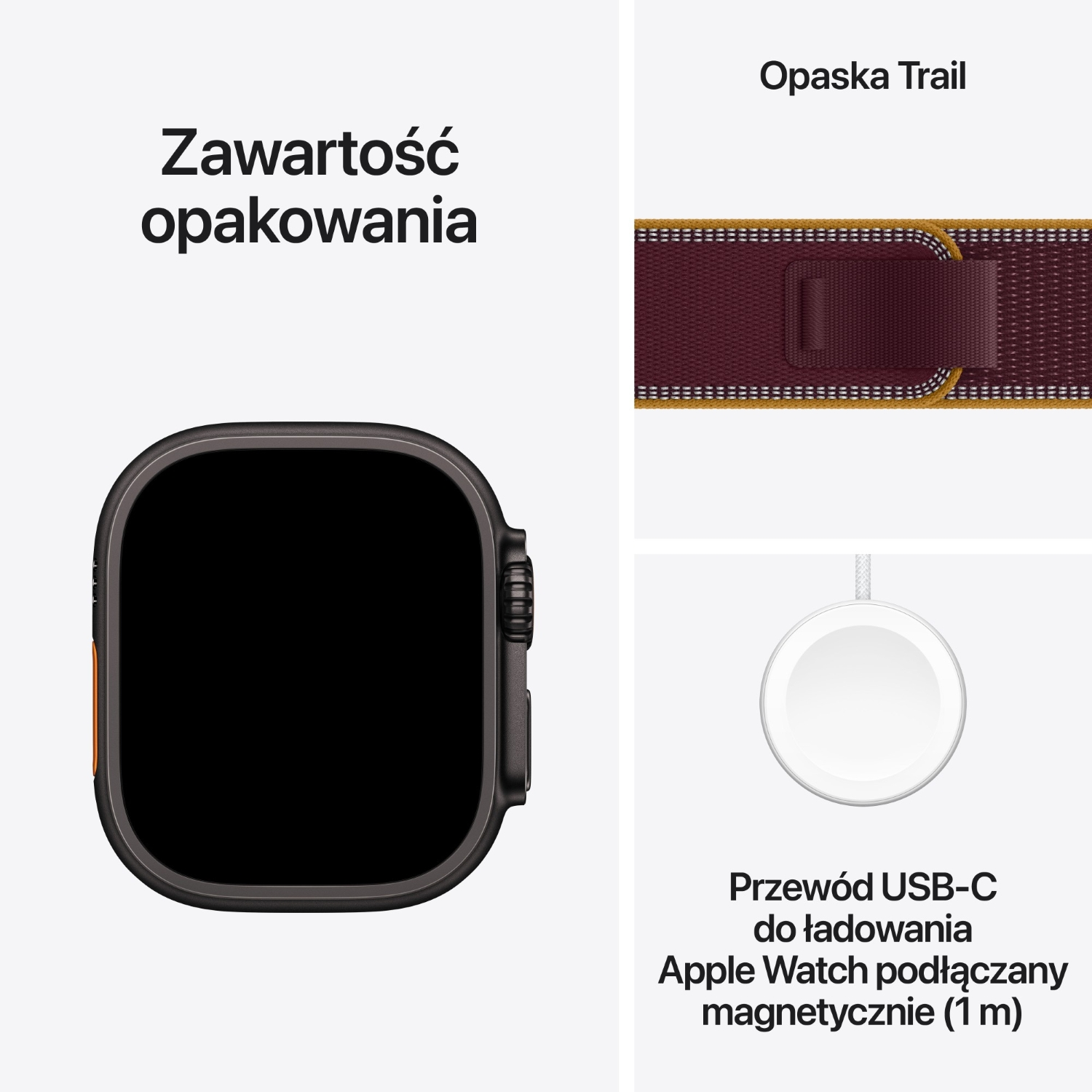 Zawartość opakowania: Apple Watch, opaska Trail i magnetyczny przewód USB-C do ładowania.