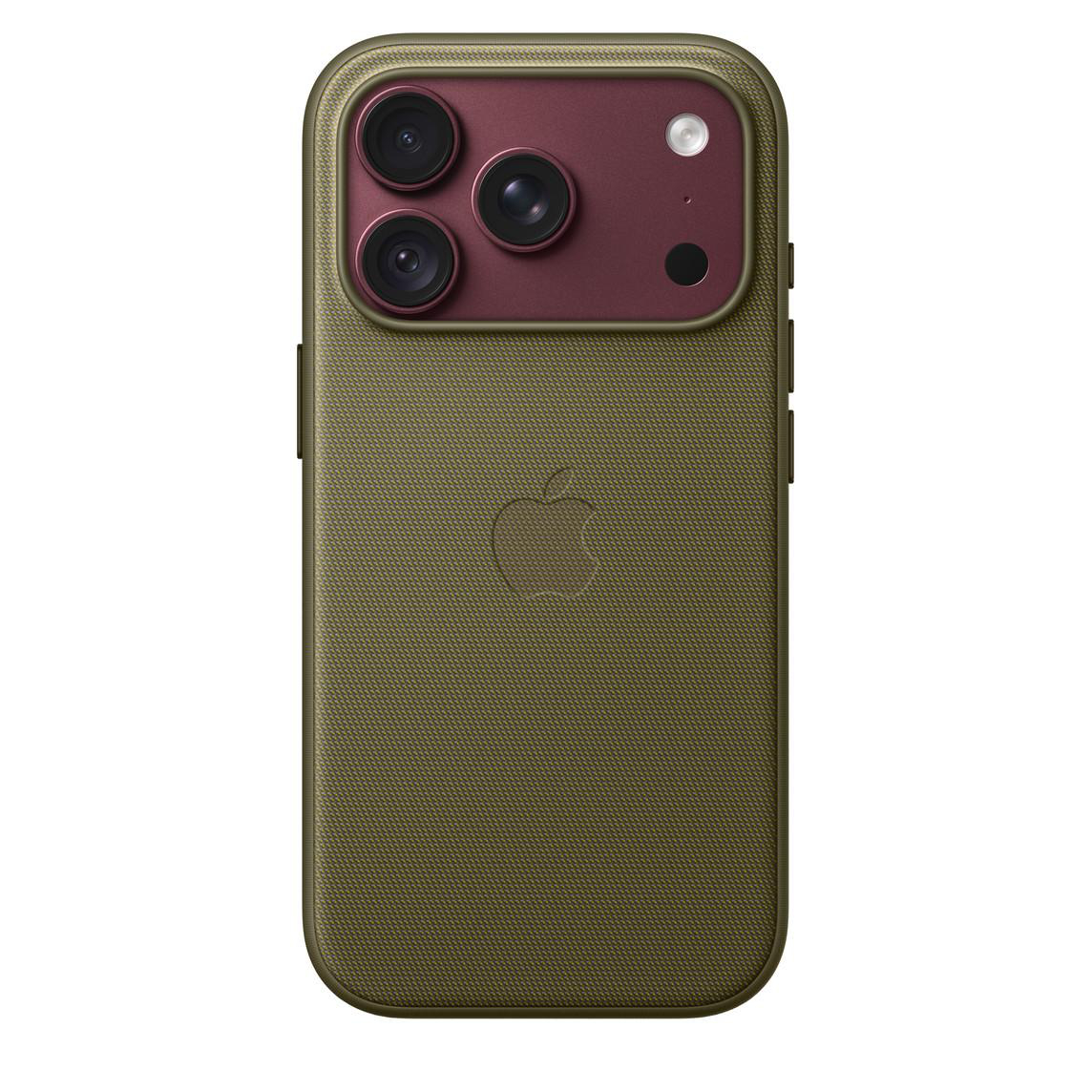 Rückseite eines Smartphones in olivgrün mit Stoffhülle, rotem Kameramodul, drei Kameralinsen und Apple-Logo.