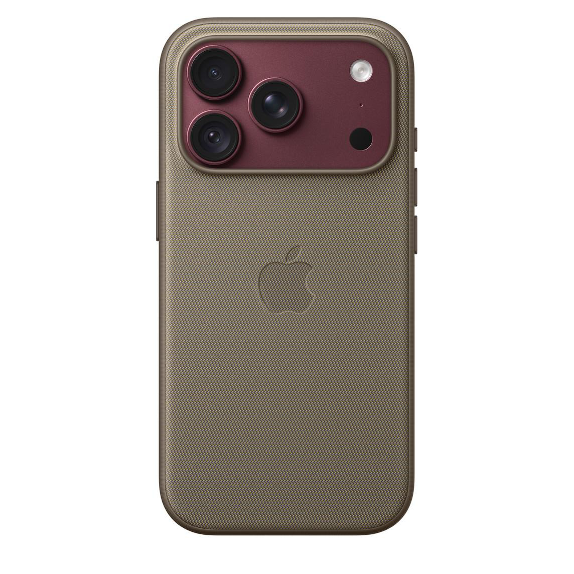 Rückseite eines Smartphones in einer gewebten, beigen Hülle mit rotem Kameramodul, drei Linsen und Apple-Logo.