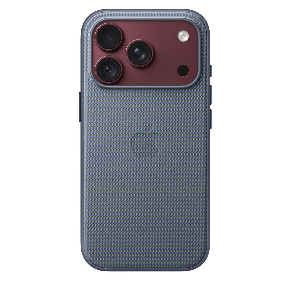 Rückseite eines Smartphones in strukturierter blauer Hülle mit rotem Kameramodul und Apple-Logo.