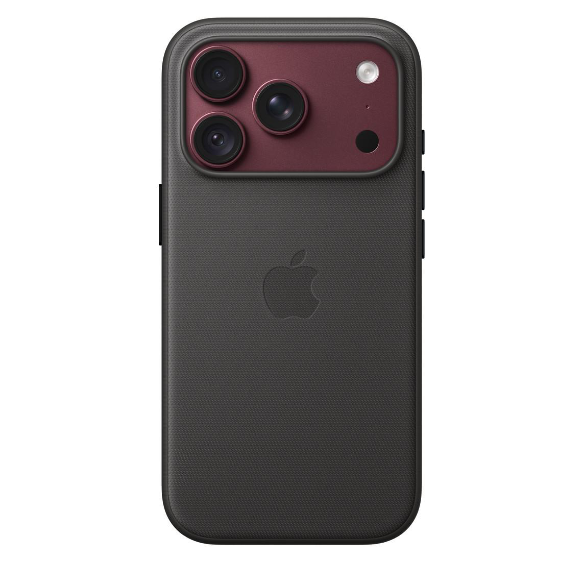 Rückseite eines schwarzen iPhones mit roter Kamerabeschichtung und Apple-Logo.