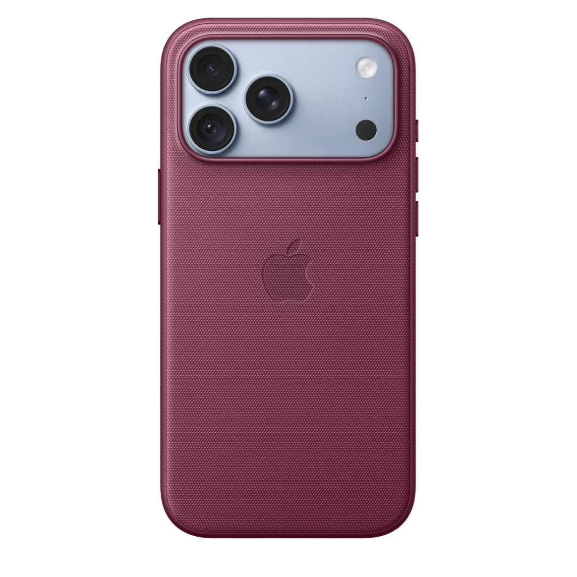 Rückseite eines roten Smartphones mit geflochtener Hülle, dreifacher Kamera und Apple-Logo.