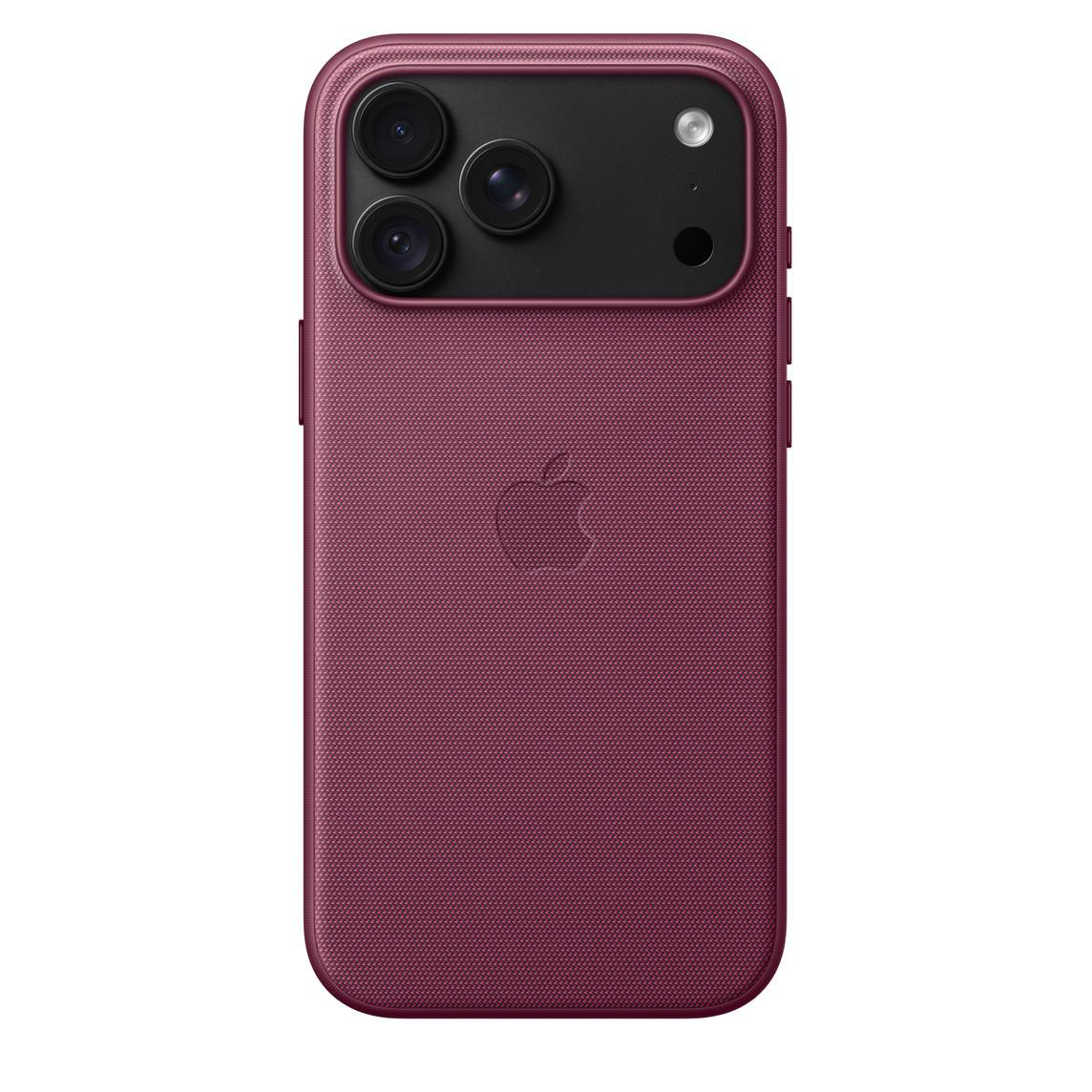 Rückseite eines violetten Smartphones in einer Stoffhülle mit dreifacher Kamera und Apple-Logo.