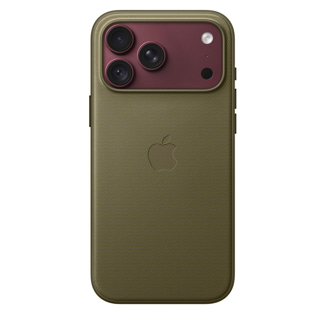 Olivgrüne Smartphone-Rückseite mit strukturierter Oberfläche, Apple-Logo und einem rötlichen Kameramodul.