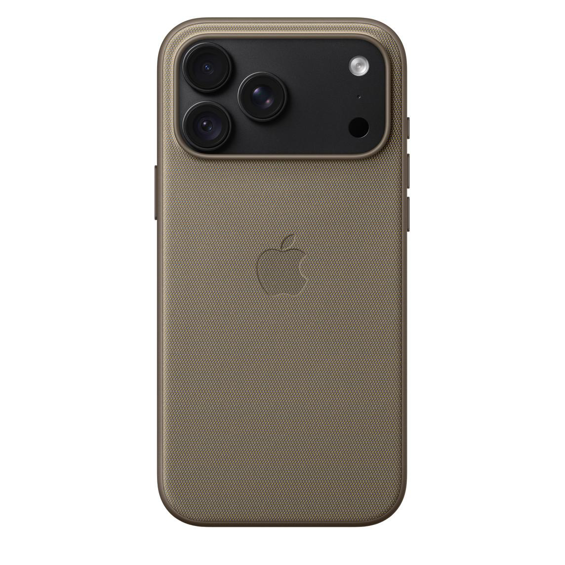 Rückseite eines braunen iPhones mit strukturiertem Case, drei Kameras und Apple-Logo.