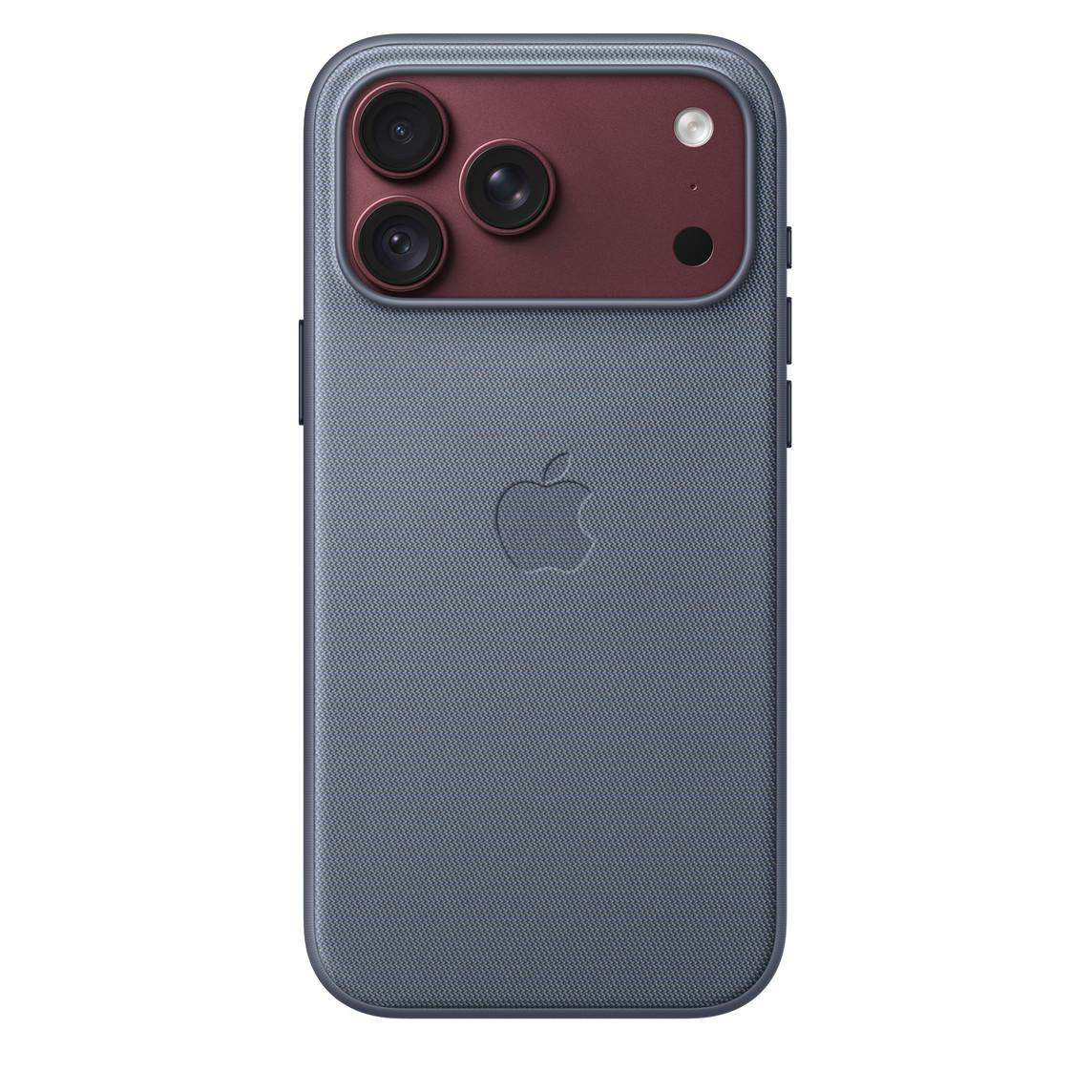 Ein Smartphone in einer strukturierten grauen Hülle mit rotem Kameramodul und Apple-Logo.